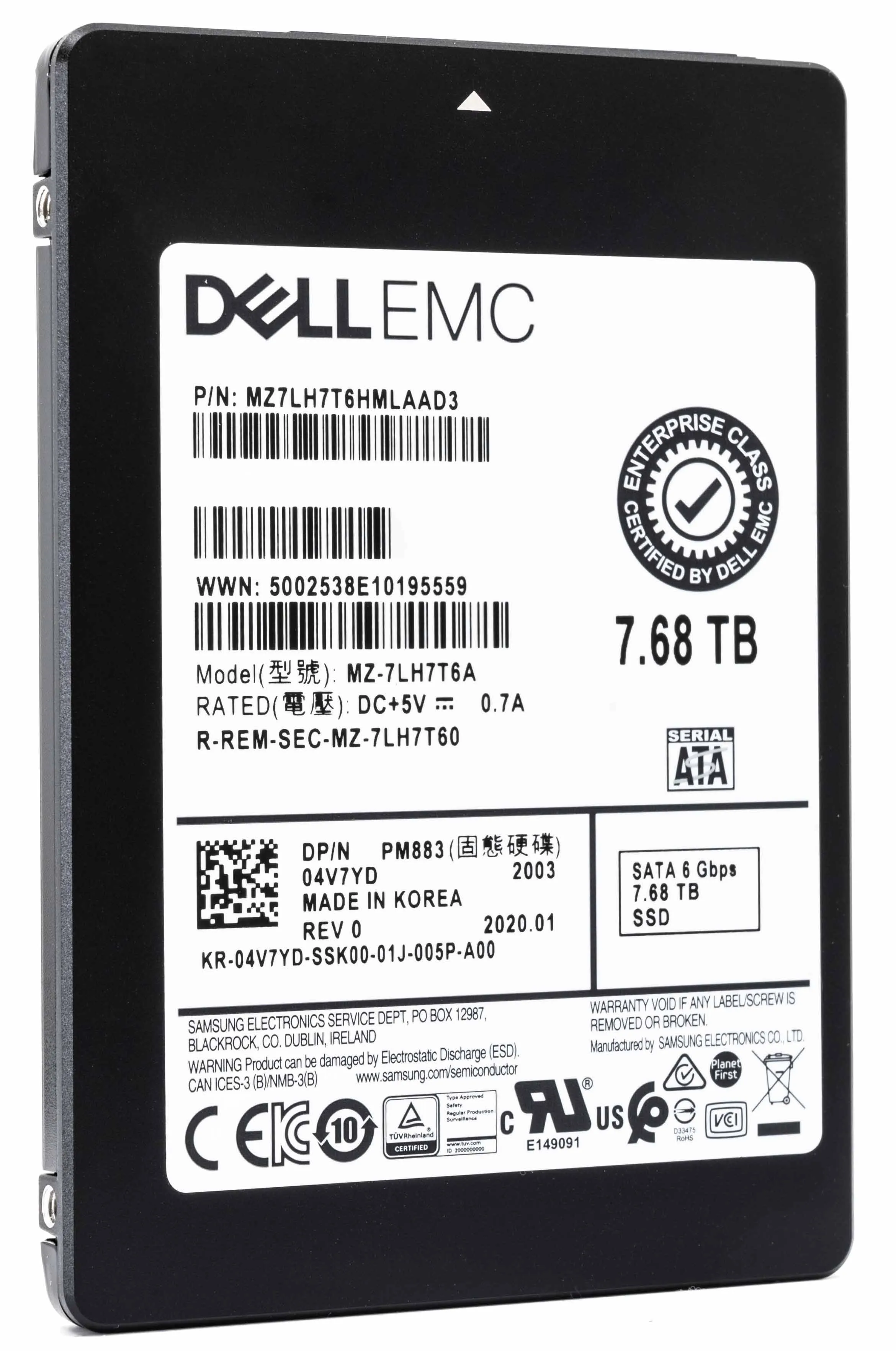 Dell 04V7YD 7.68TB SATA 6Gb/s 2.5" Read Intensive Manufacturer Recertified SSD