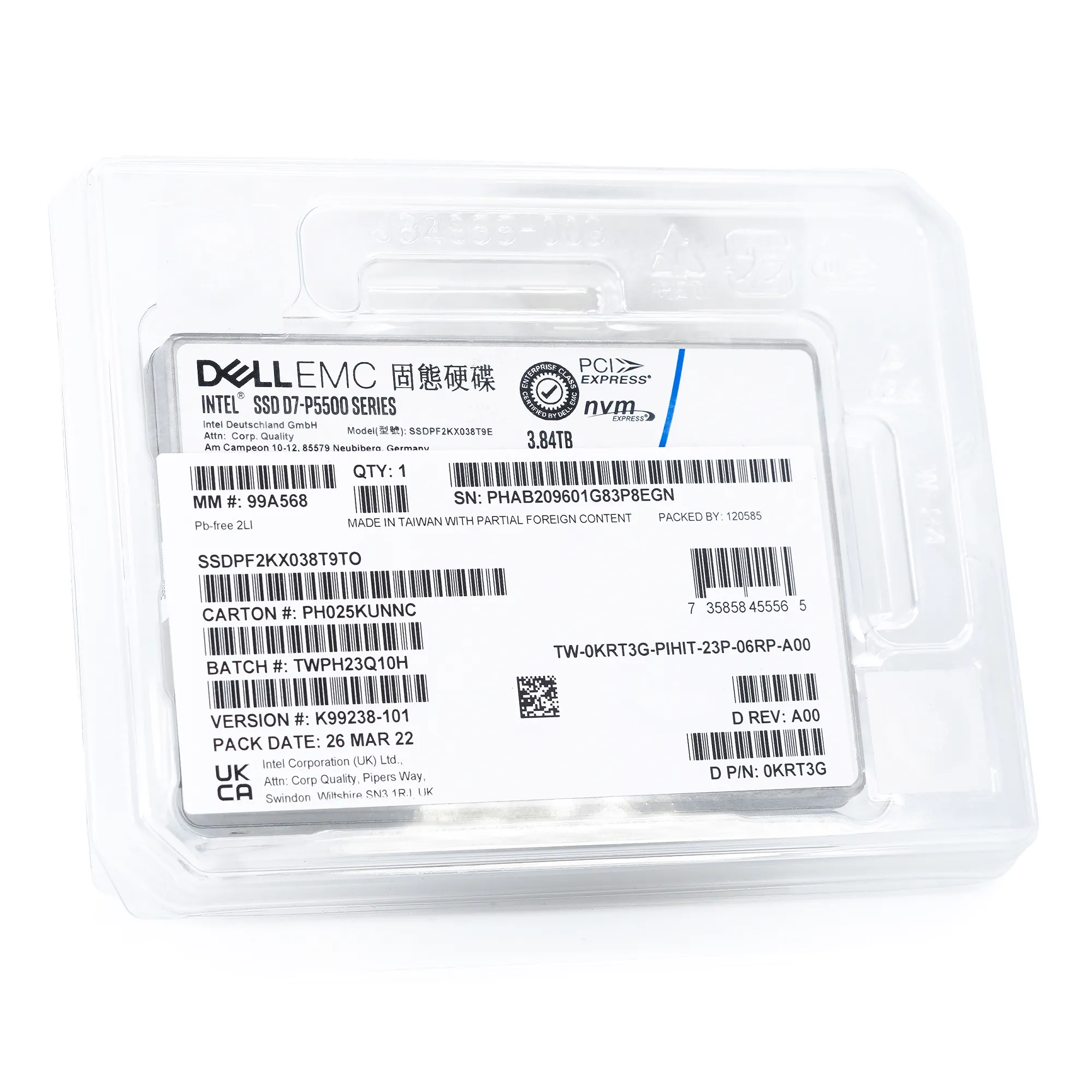 Dell D7-P5500 SSDPF2KX038T9TO 0KRT3G 3.84TB PCIe Gen 4.0 X4 8GB/s 3D TLC 1DWPD U.2 NVMe 2.5in Solid State Drive