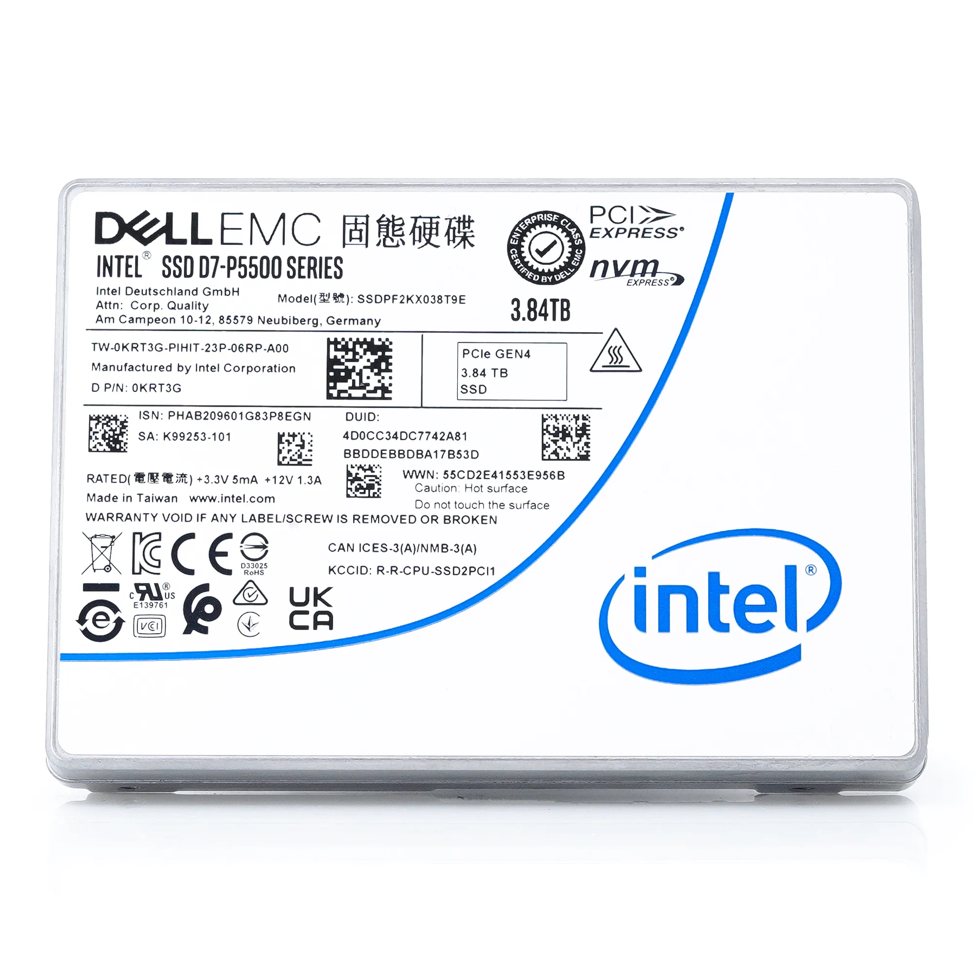 Dell D7-P5500 SSDPF2KX038T9TO 0KRT3G 3.84TB PCIe Gen 4.0 X4 8GB/s 3D TLC 1DWPD U.2 NVMe 2.5in Solid State Drive