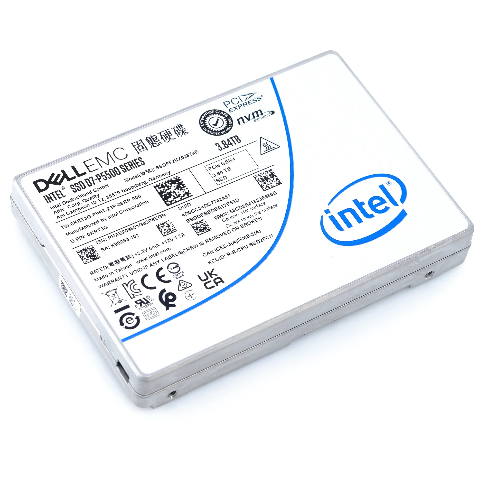 Dell D7-P5500 SSDPF2KX038T9TO 0KRT3G 3.84TB PCIe Gen 4.0 X4 8GB/s 3D TLC 1DWPD U.2 NVMe 2.5in Solid State Drive
