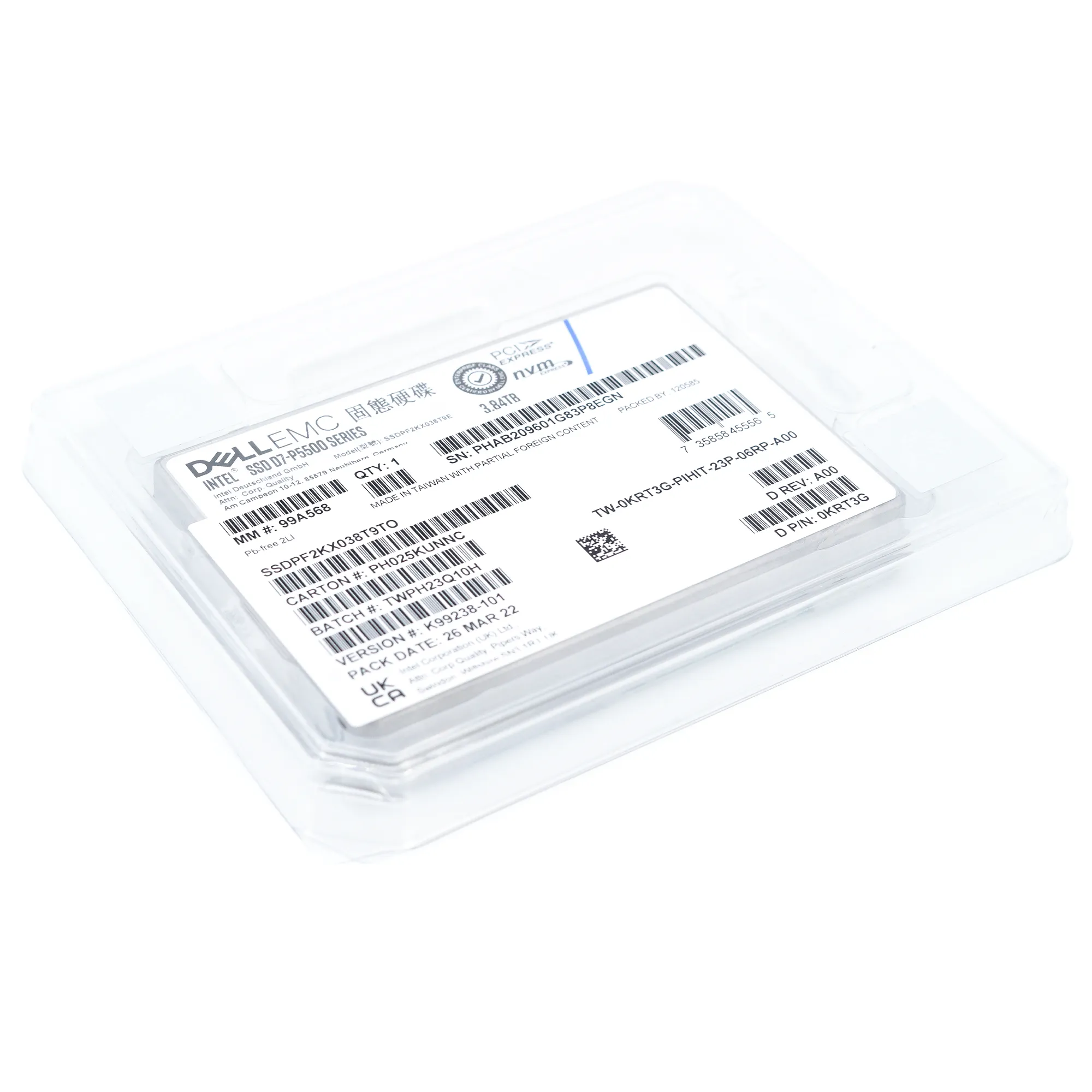 Dell D7-P5500 SSDPF2KX038T9TO 0KRT3G 3.84TB PCIe Gen 4.0 X4 8GB/s 3D TLC 1DWPD U.2 NVMe 2.5in Solid State Drive