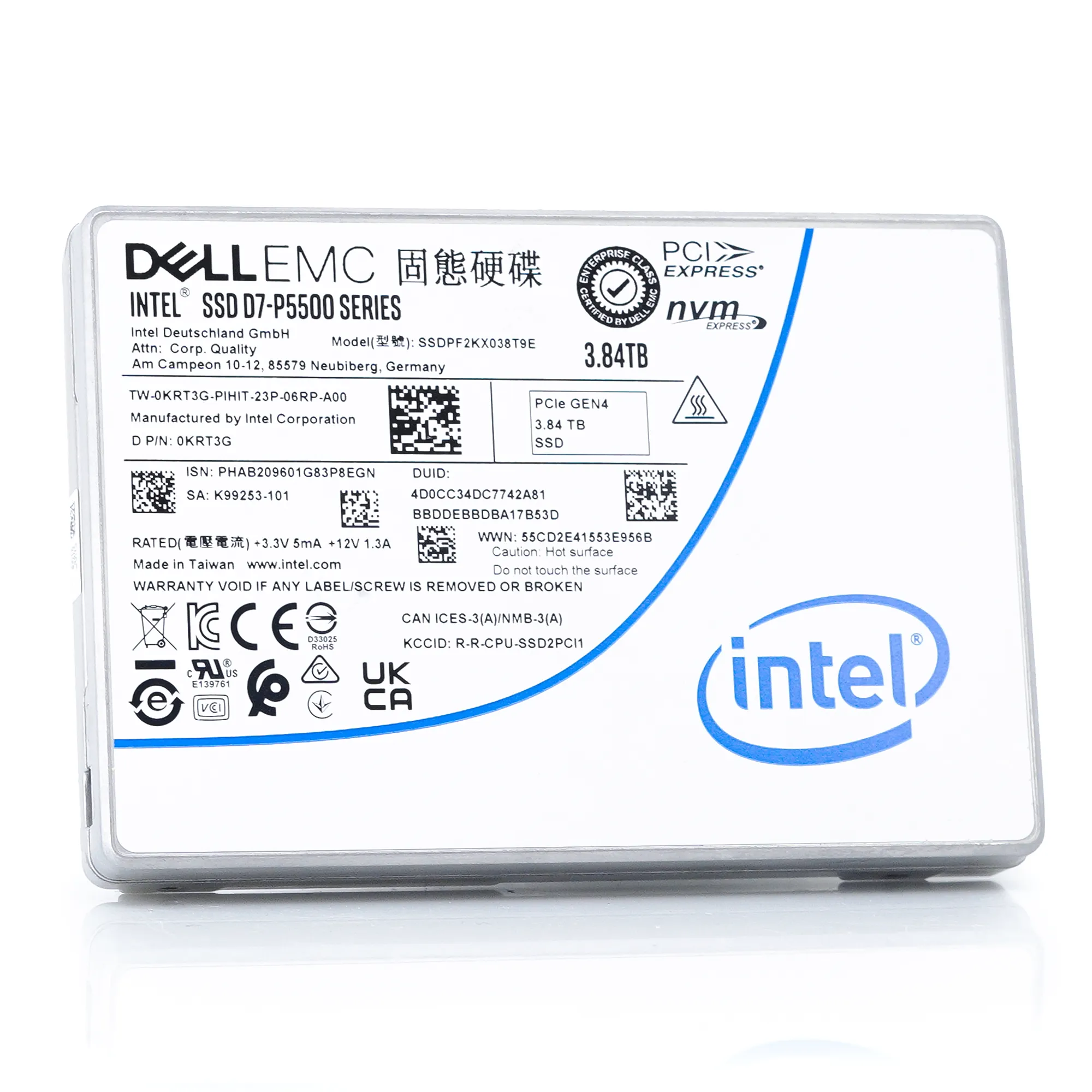Dell D7-P5500 SSDPF2KX038T9TO 0KRT3G 3.84TB PCIe Gen 4.0 X4 8GB/s 3D TLC 1DWPD U.2 NVMe 2.5in Solid State Drive