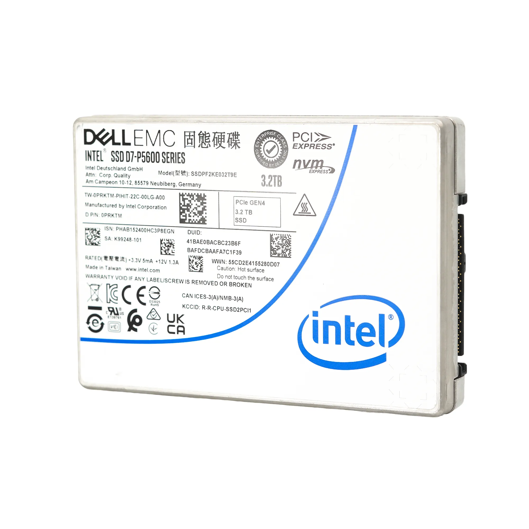 Dell D7-P5600 SSDPF2KE032T9T0 0PRKTM 3.2TB PCIe Gen 4.0 X4 8GB/s 3D TLC 3DWPD U.2 NVMe 2.5in Solid State Drive