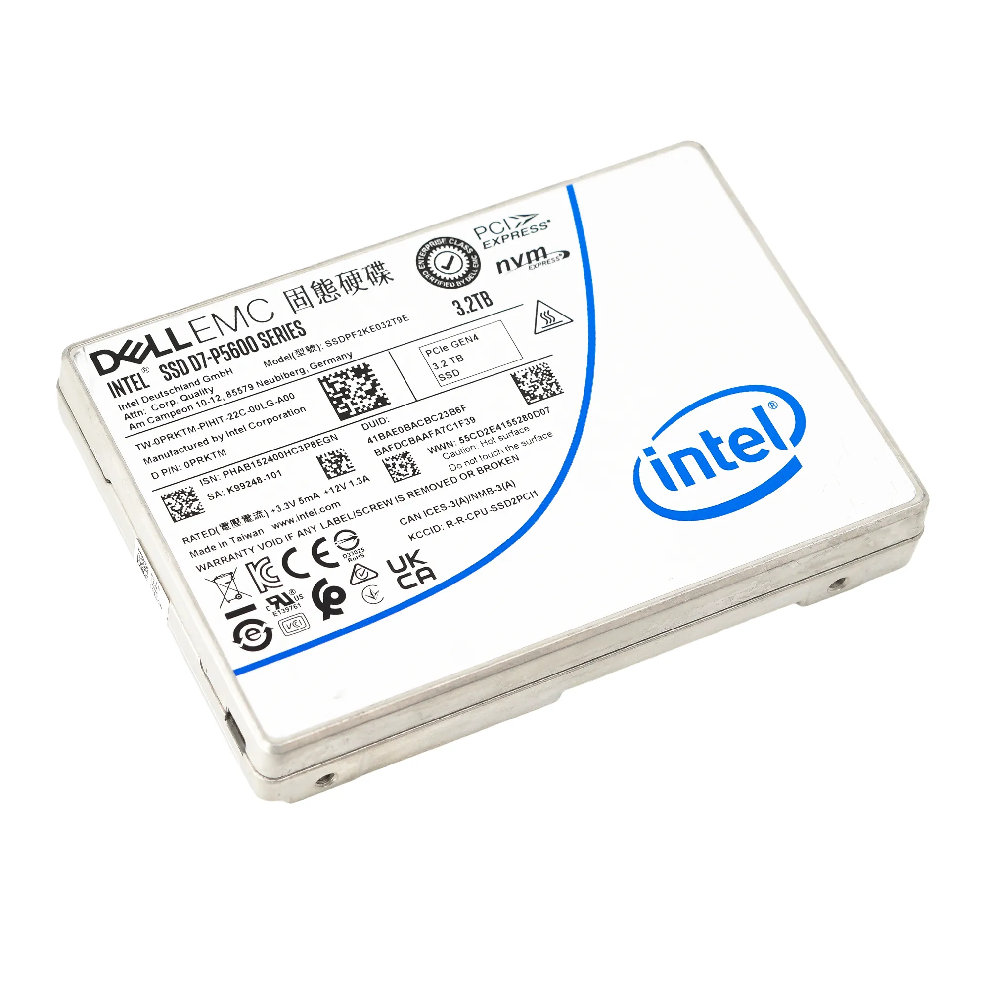 Dell D7-P5600 SSDPF2KE032T9T0 0PRKTM 3.2TB PCIe Gen 4.0 X4 8GB/s 3D TLC 3DWPD U.2 NVMe 2.5in Solid State Drive