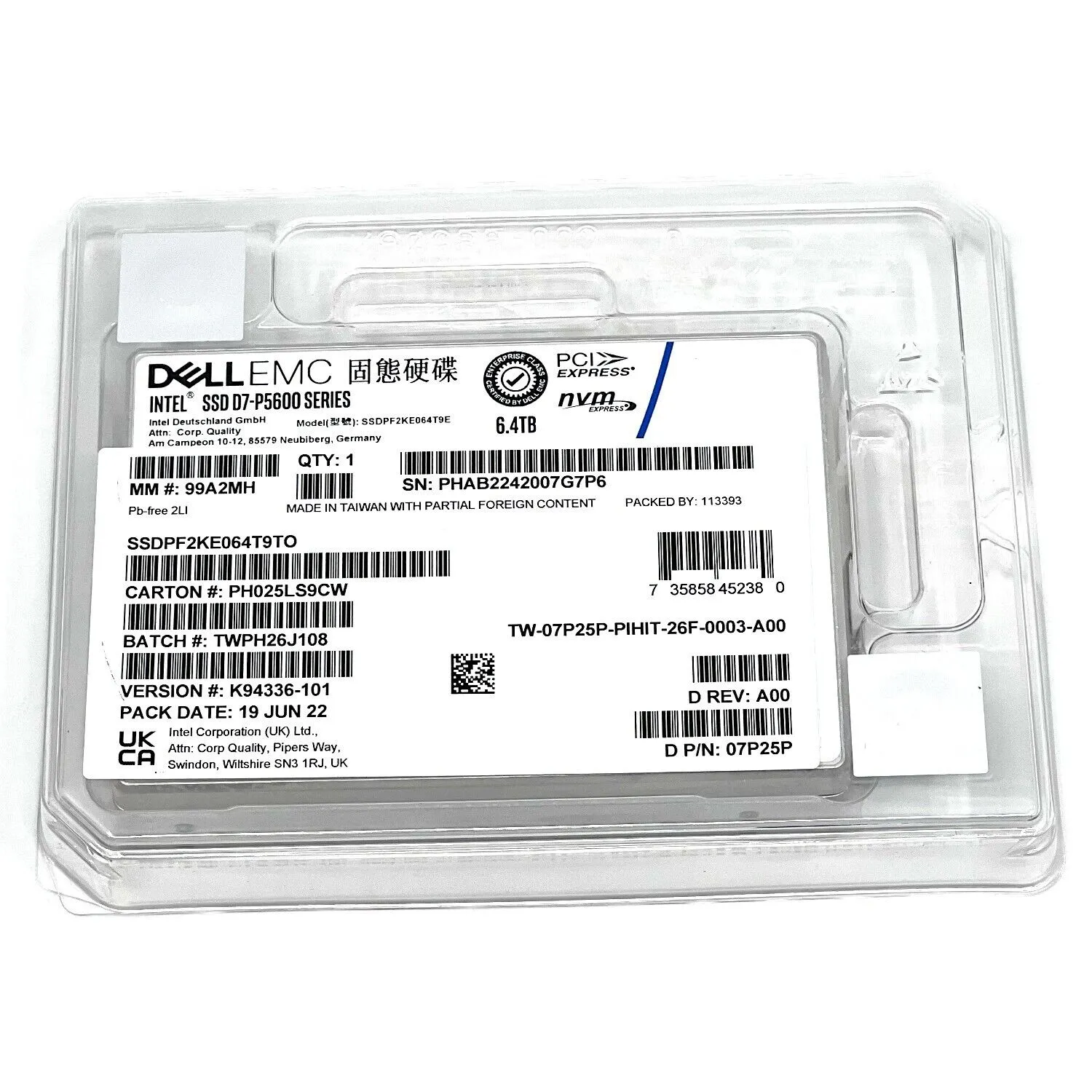 Dell D7-P5600 SSDPF2KE064T9TO 07P25P 6.4TB PCIe Gen 4.0 X4 8GB/s 3D TLC 3DWPD U.2 NVMe 2.5in Recertified Solid State Drive