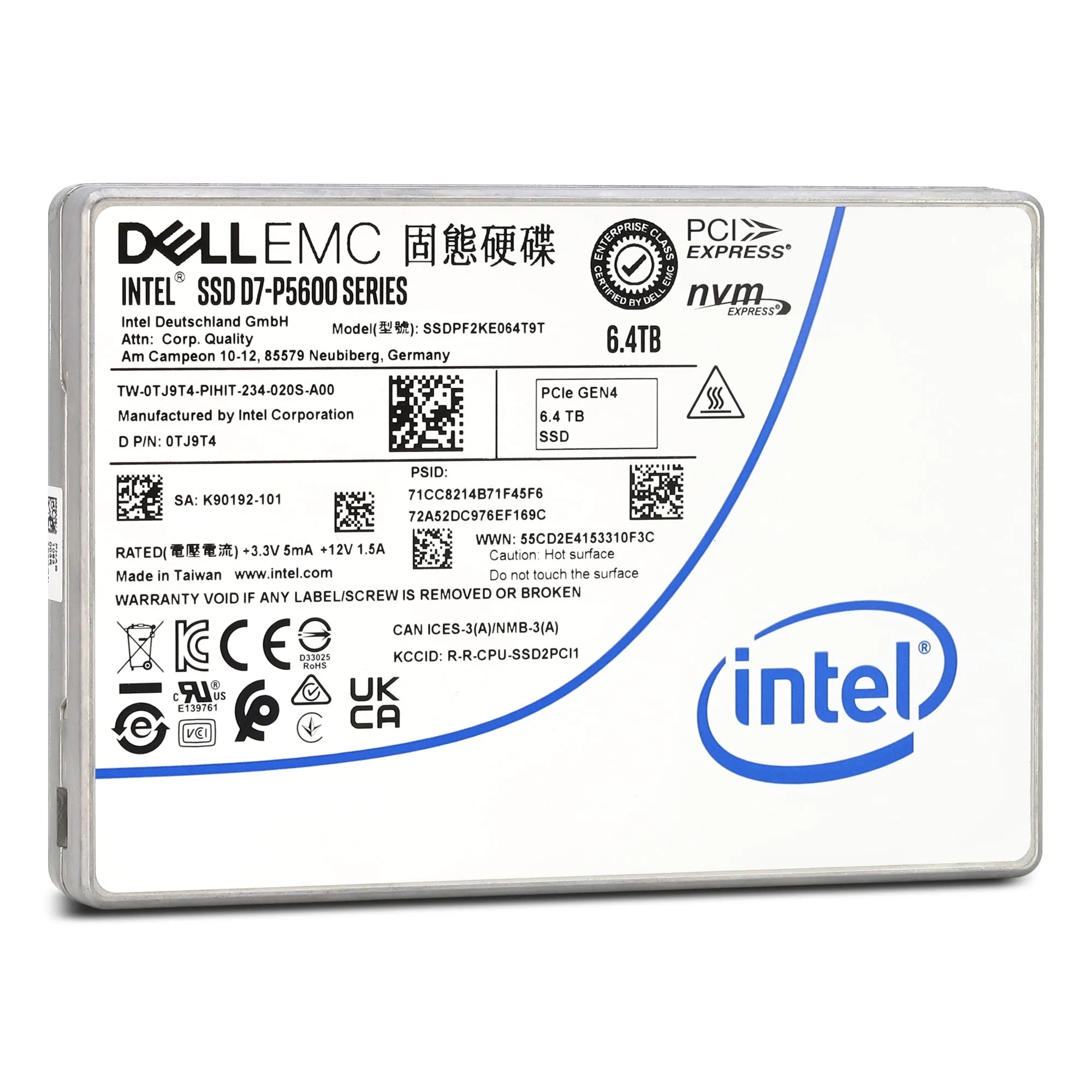 Dell D7-P5600 SSDPF2KE064T9TP 0TJ9T4 6.4TB PCIe Gen 4.0 x4 8GB/s 3D TLC 3DWPD SED U.2 NVMe 2.5in Solid State Drive