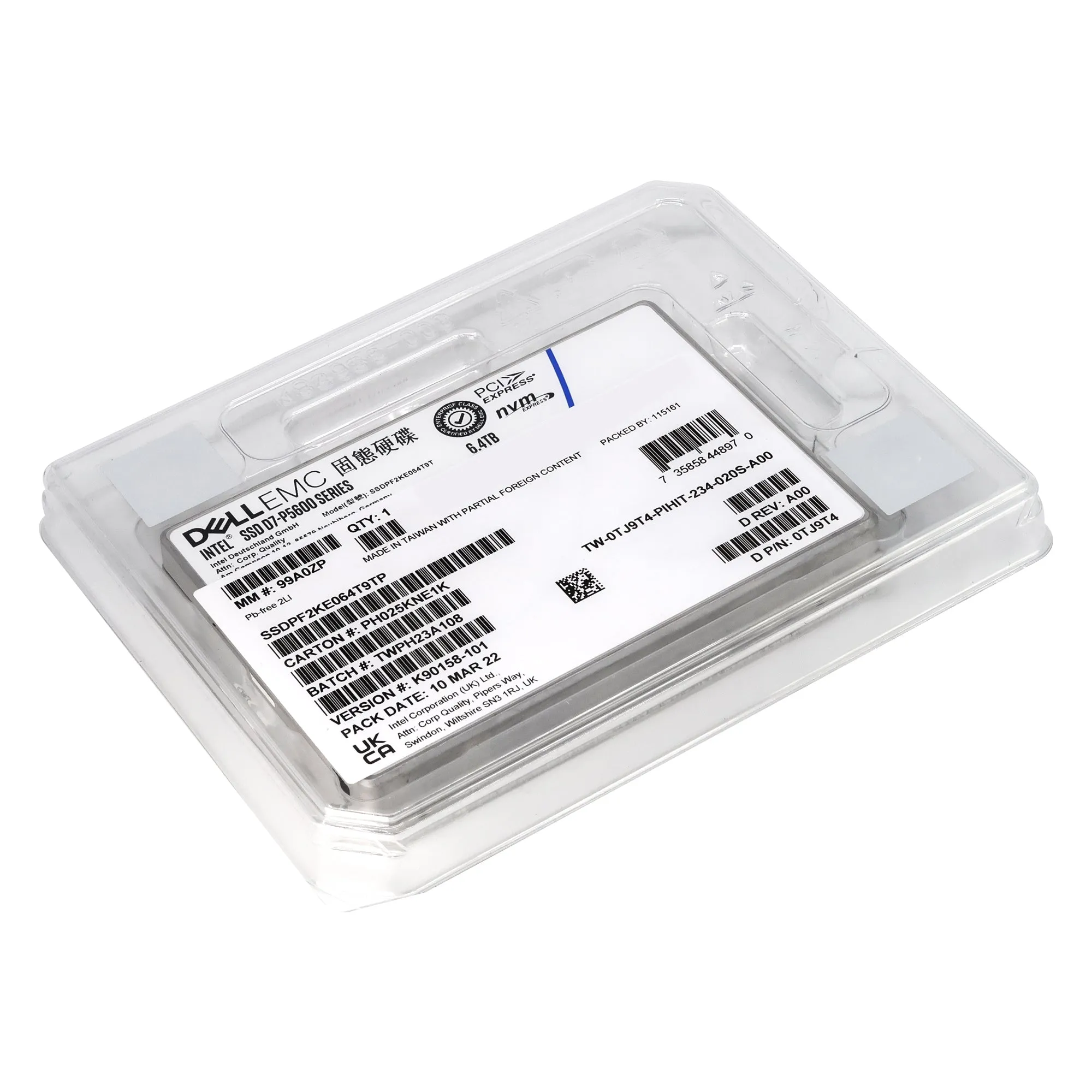 Dell D7-P5600 SSDPF2KE064T9TP 0TJ9T4 6.4TB PCIe Gen 4.0 x4 8GB/s 3D TLC 3DWPD SED U.2 NVMe 2.5in Solid State Drive
