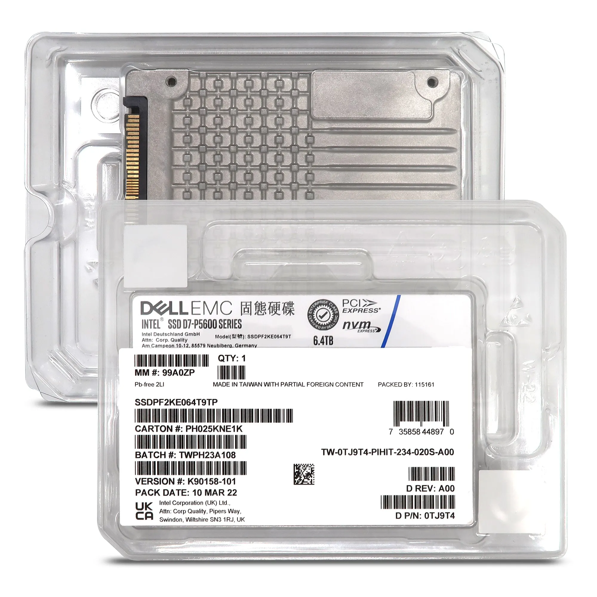 Dell D7-P5600 SSDPF2KE064T9TP 0TJ9T4 6.4TB PCIe Gen 4.0 x4 8GB/s 3D TLC 3DWPD SED U.2 NVMe 2.5in Solid State Drive
