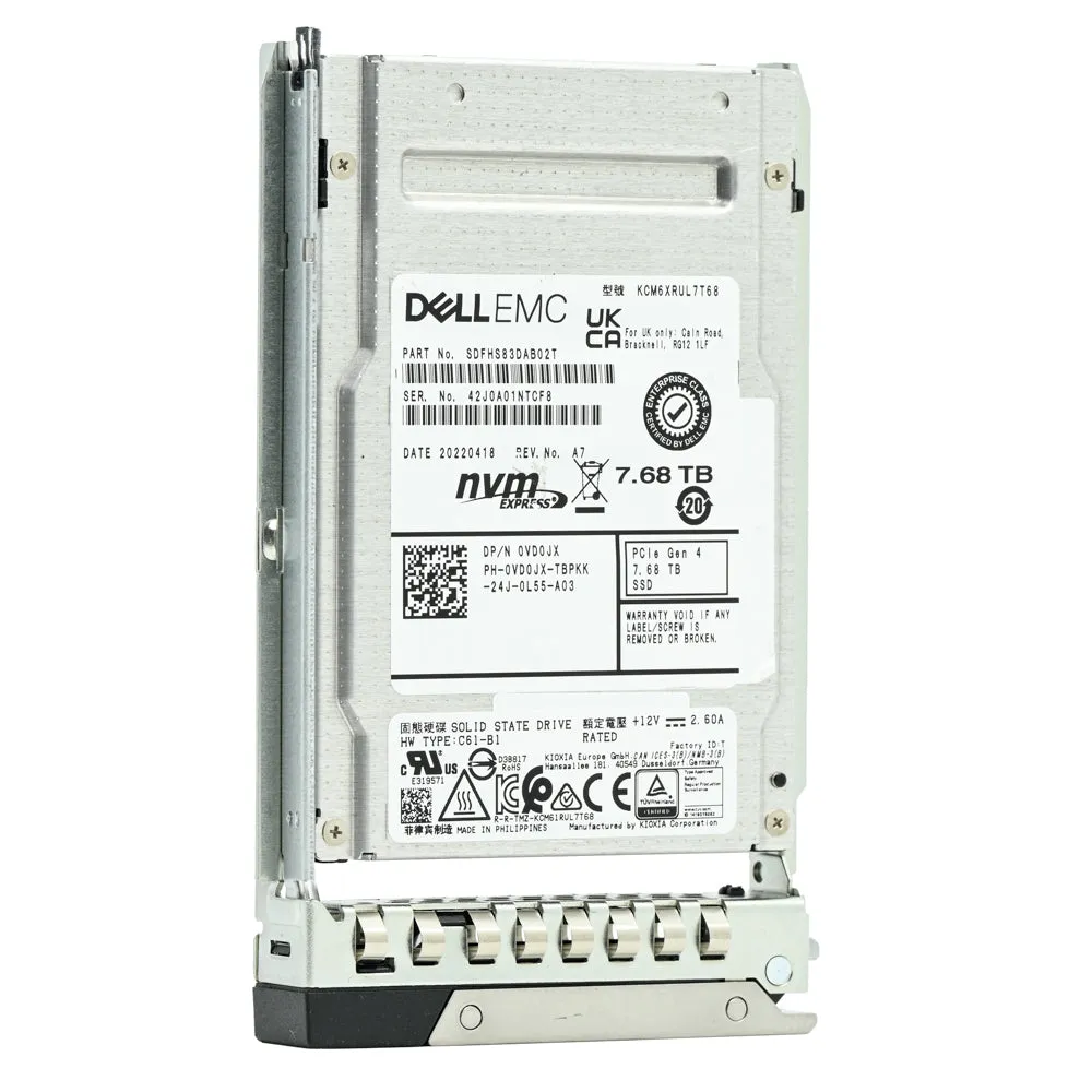 Dell G14 VD0JX KCM6XRUL7T68 7.68TB PCIe Gen 4.0 x4 8GB/s U.2 NVMe 1DWPD Read Intensive 2.5in Refurbished SSD