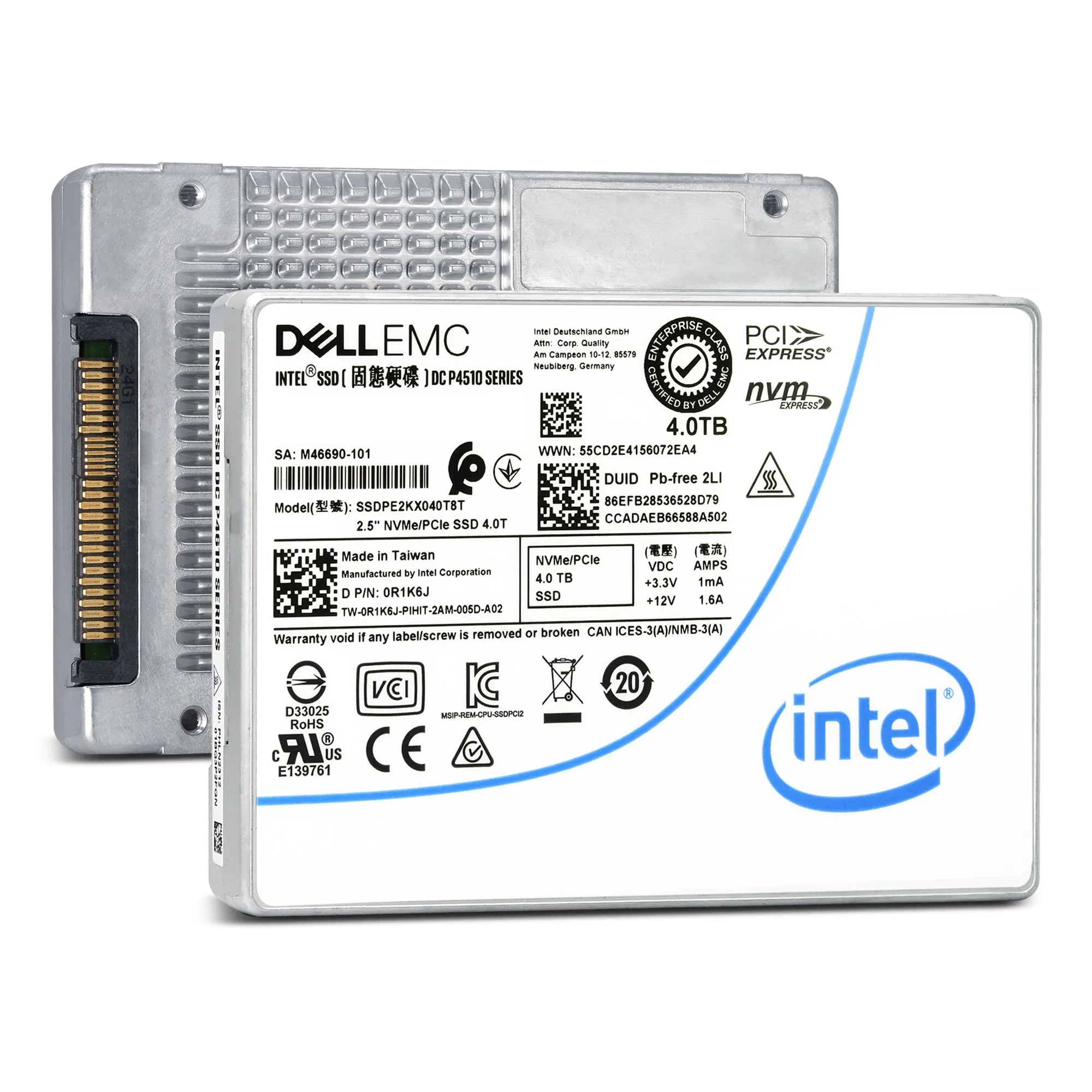 Dell P4510 SSDPE2KX040T8T 0R1K6J 4TB PCIe Gen 3.1 X4 4GB/s 3D TLC 1DWPD U.2 NVMe 2.5in Recertified Solid State Drive
