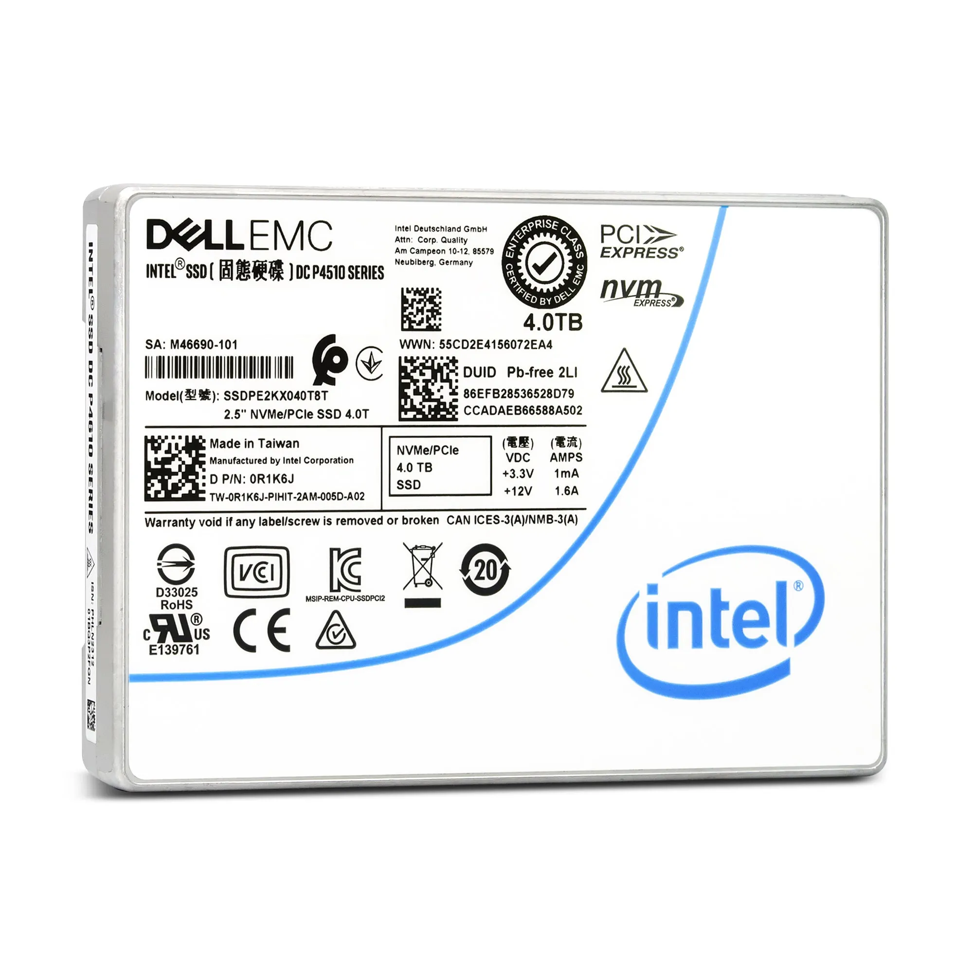 Dell P4510 SSDPE2KX040T8T 0R1K6J 4TB PCIe Gen 3.1 X4 4GB/s 3D TLC 1DWPD U.2 NVMe 2.5in Solid State Drive