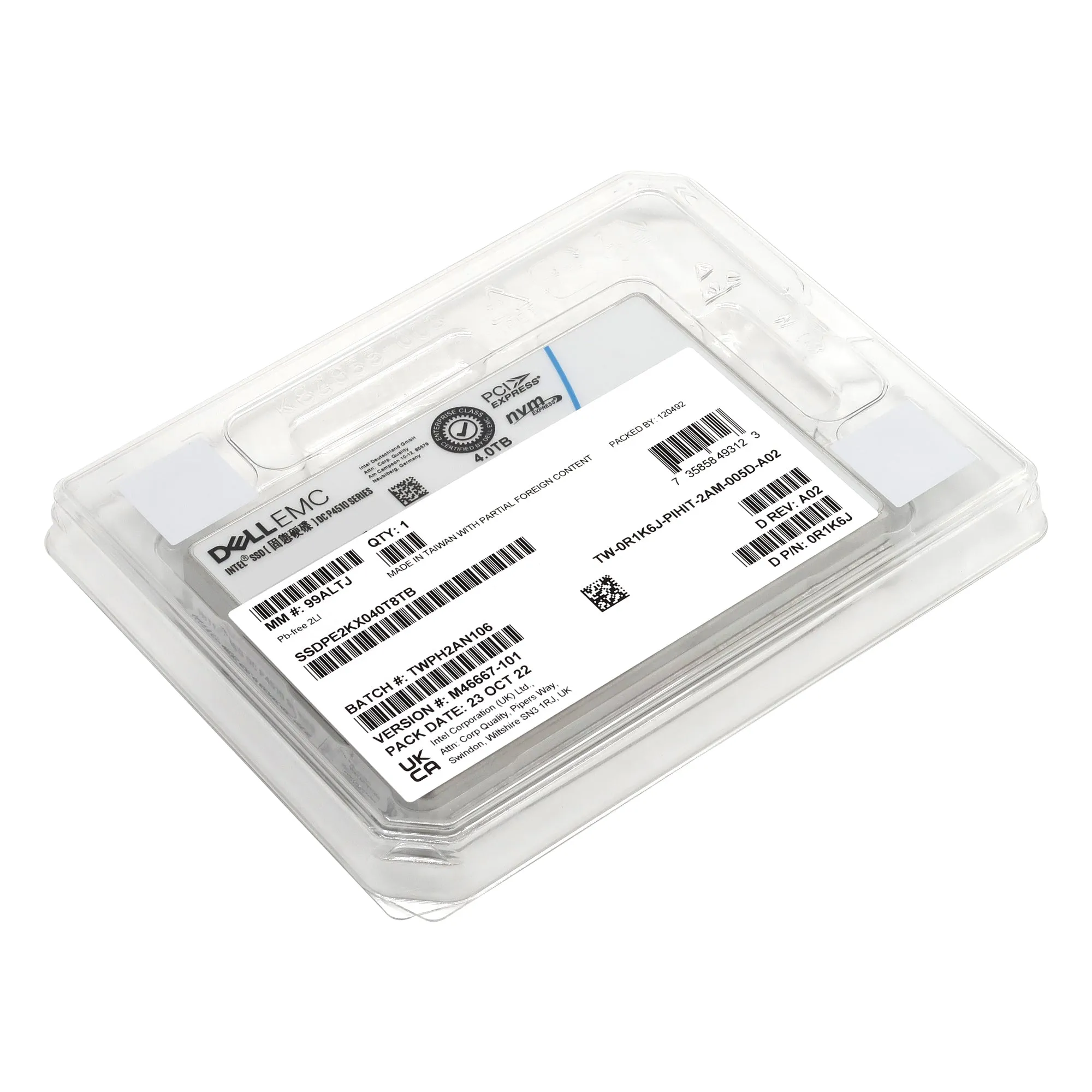 Dell P4510 SSDPE2KX040T8T 0R1K6J 4TB PCIe Gen 3.1 X4 4GB/s 3D TLC 1DWPD U.2 NVMe 2.5in Solid State Drive
