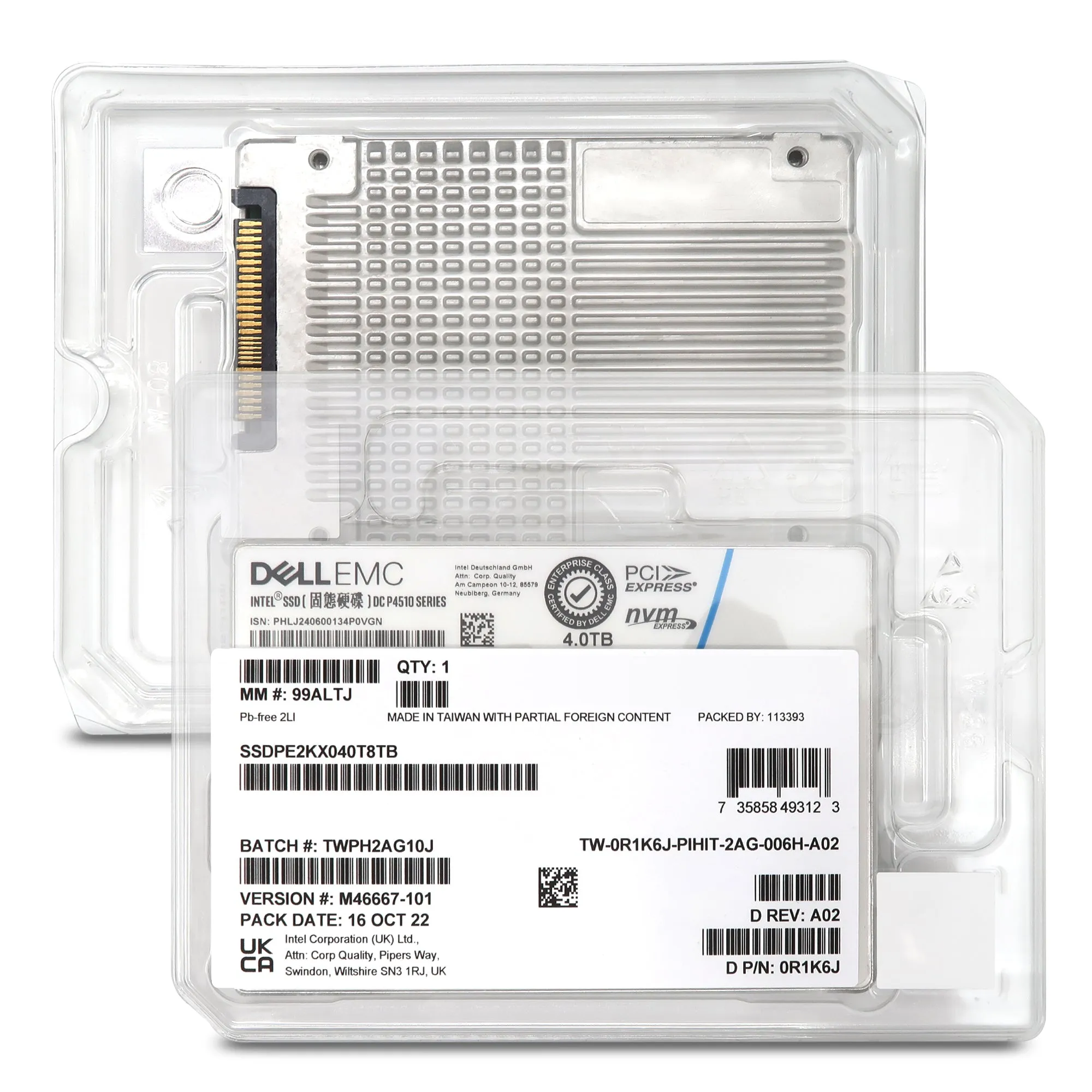 Dell P4510 SSDPE2KX040T8T 0R1K6J 4TB PCIe Gen 3.1 X4 4GB/s 3D TLC 1DWPD U.2 NVMe 2.5in Solid State Drive