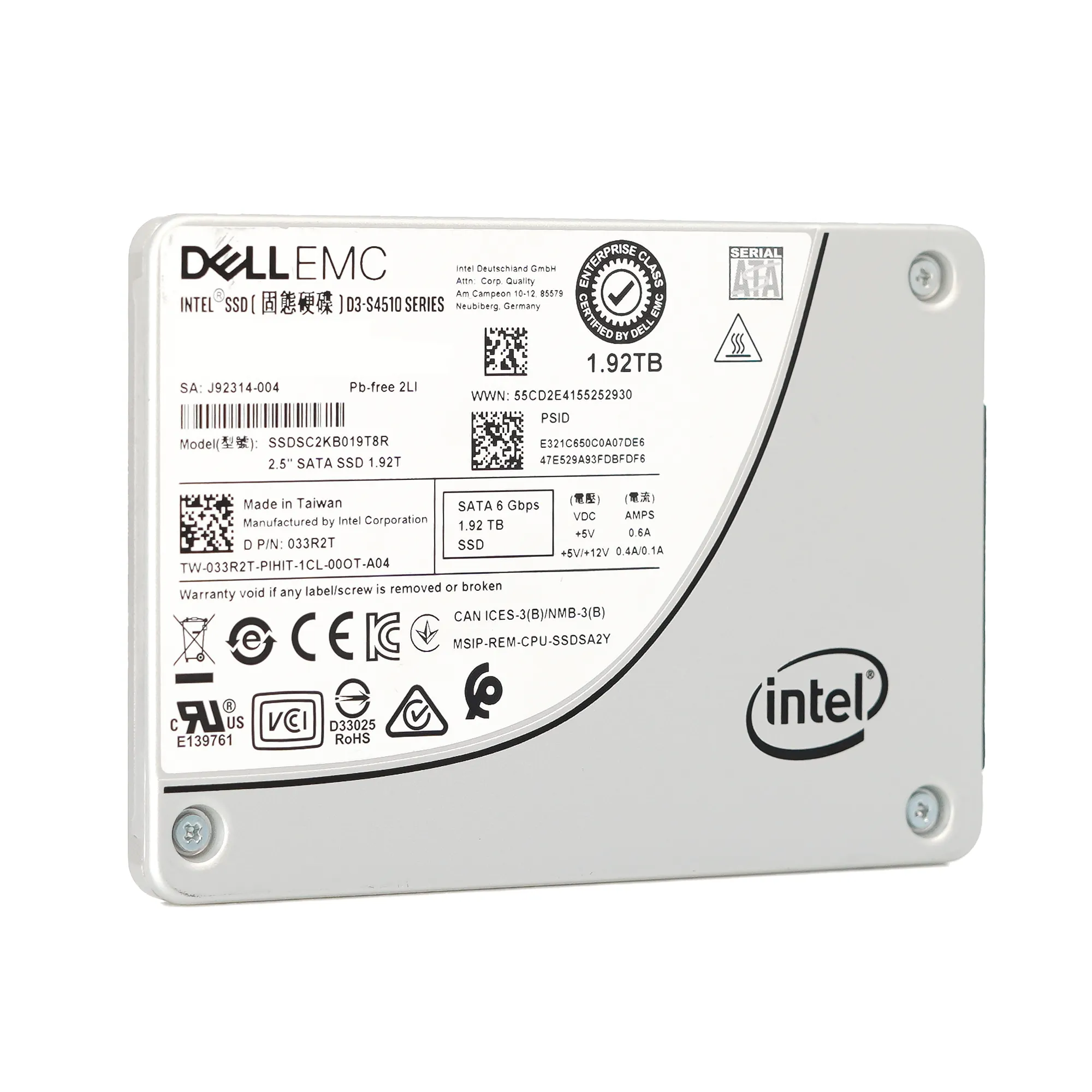 Dell S4510 33R2T SSDSC2KB019T8R 1.92TB SATA 6Gb/s 1DWPD Read Intensive 2.5in Refurbished SSD