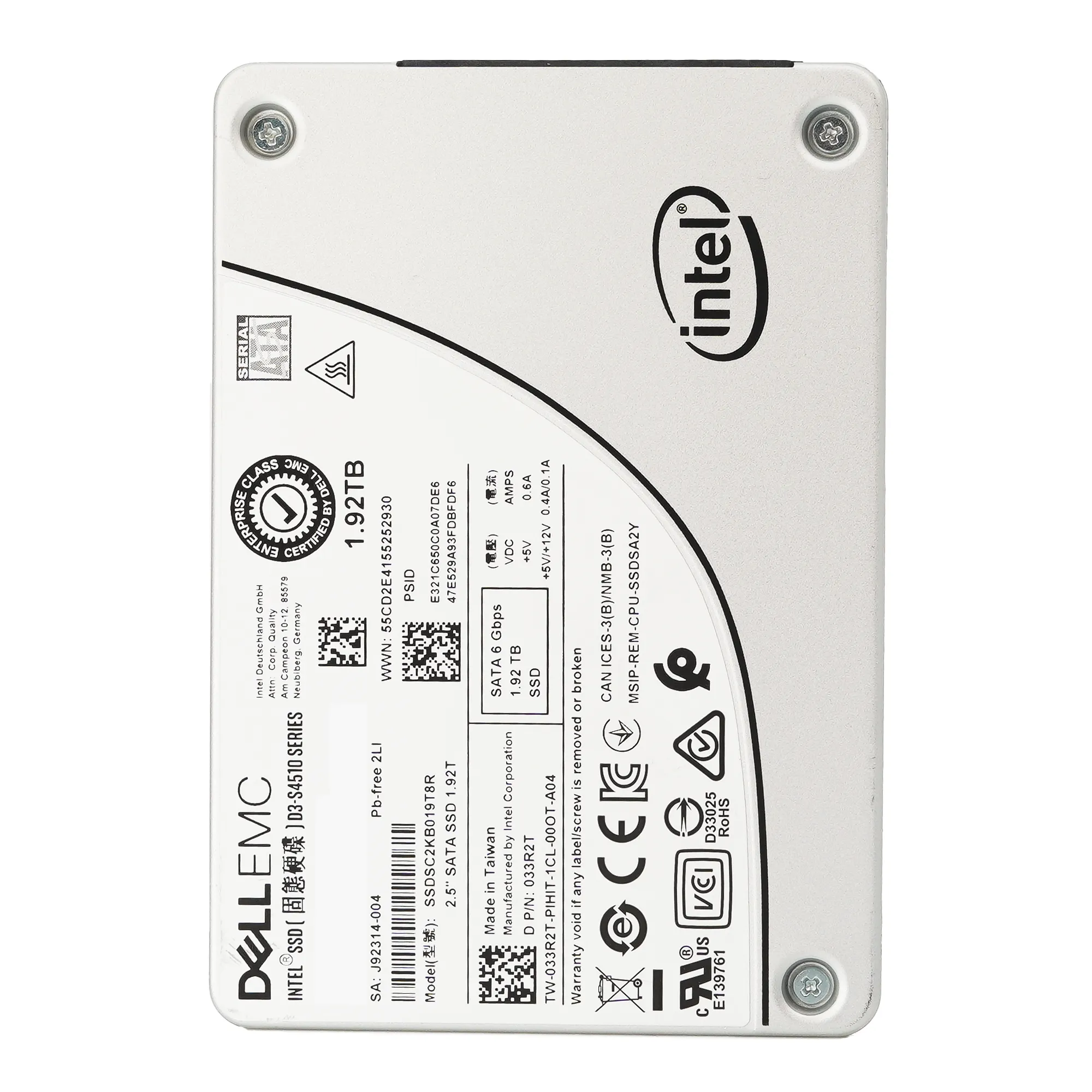 Dell S4510 33R2T SSDSC2KB019T8R 1.92TB SATA 6Gb/s 1DWPD Read Intensive 2.5in Refurbished SSD