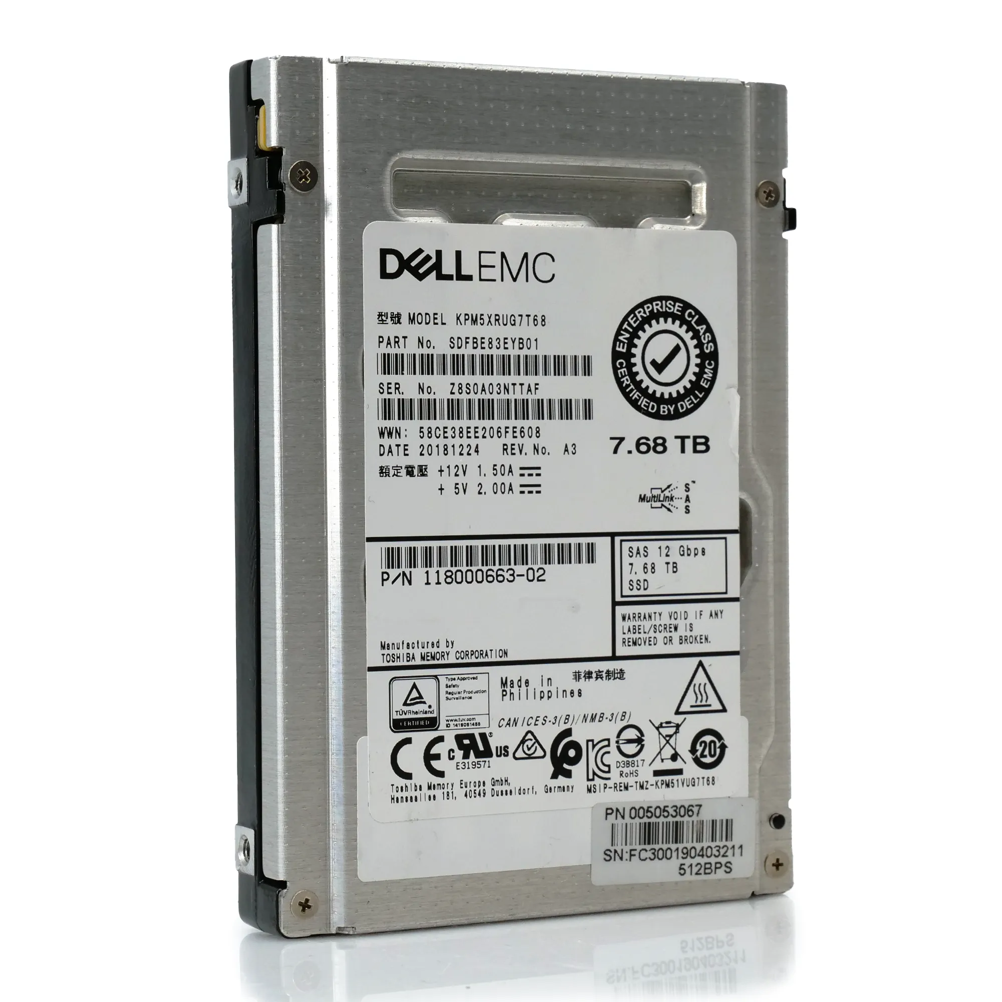 Dell/Kioxia PM5-R KPM5XRUG7T68 7.68TB SAS 12Gb/s 2.5in Refurbished SSD