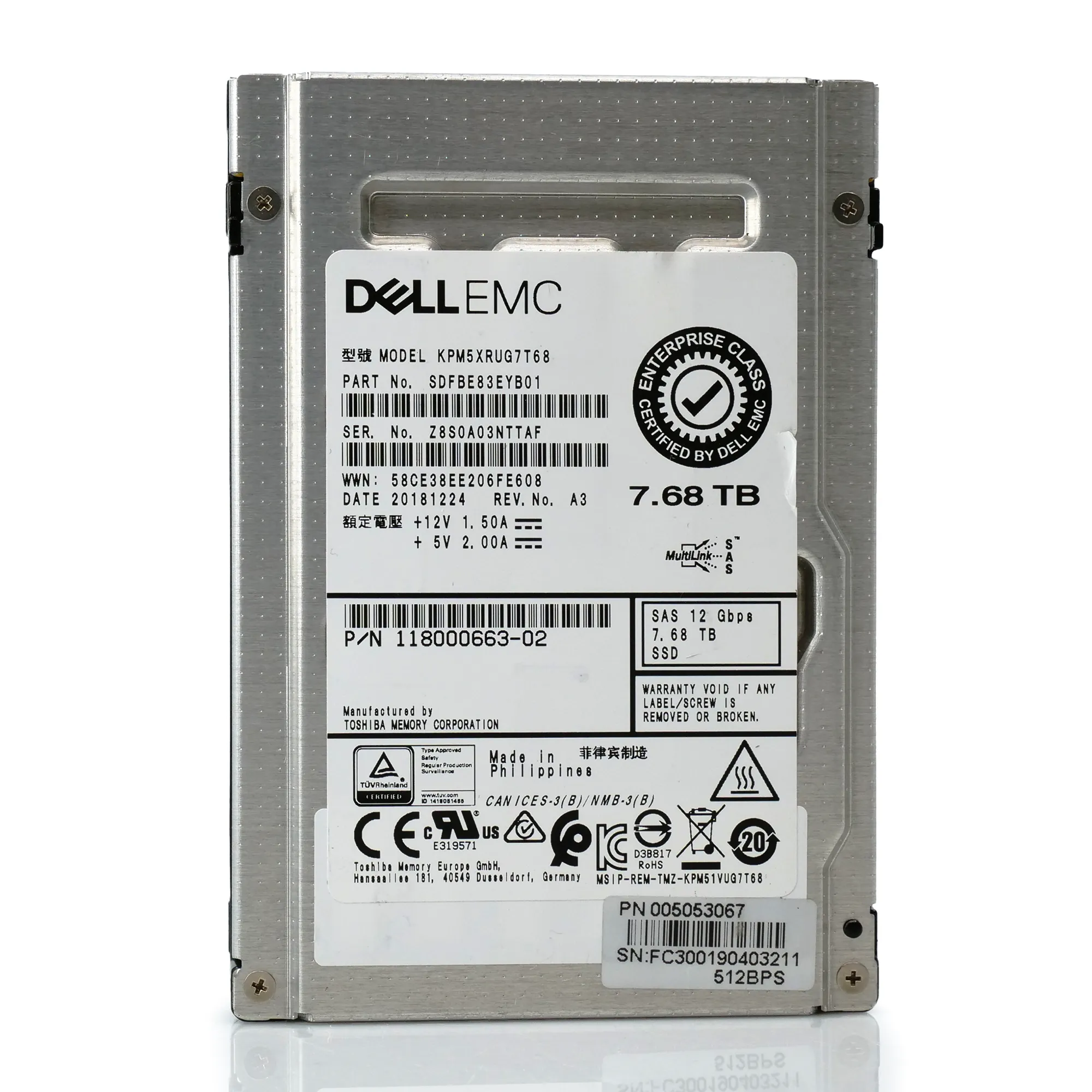 Dell/Kioxia PM5-R KPM5XRUG7T68 7.68TB SAS 12Gb/s 2.5in Refurbished SSD
