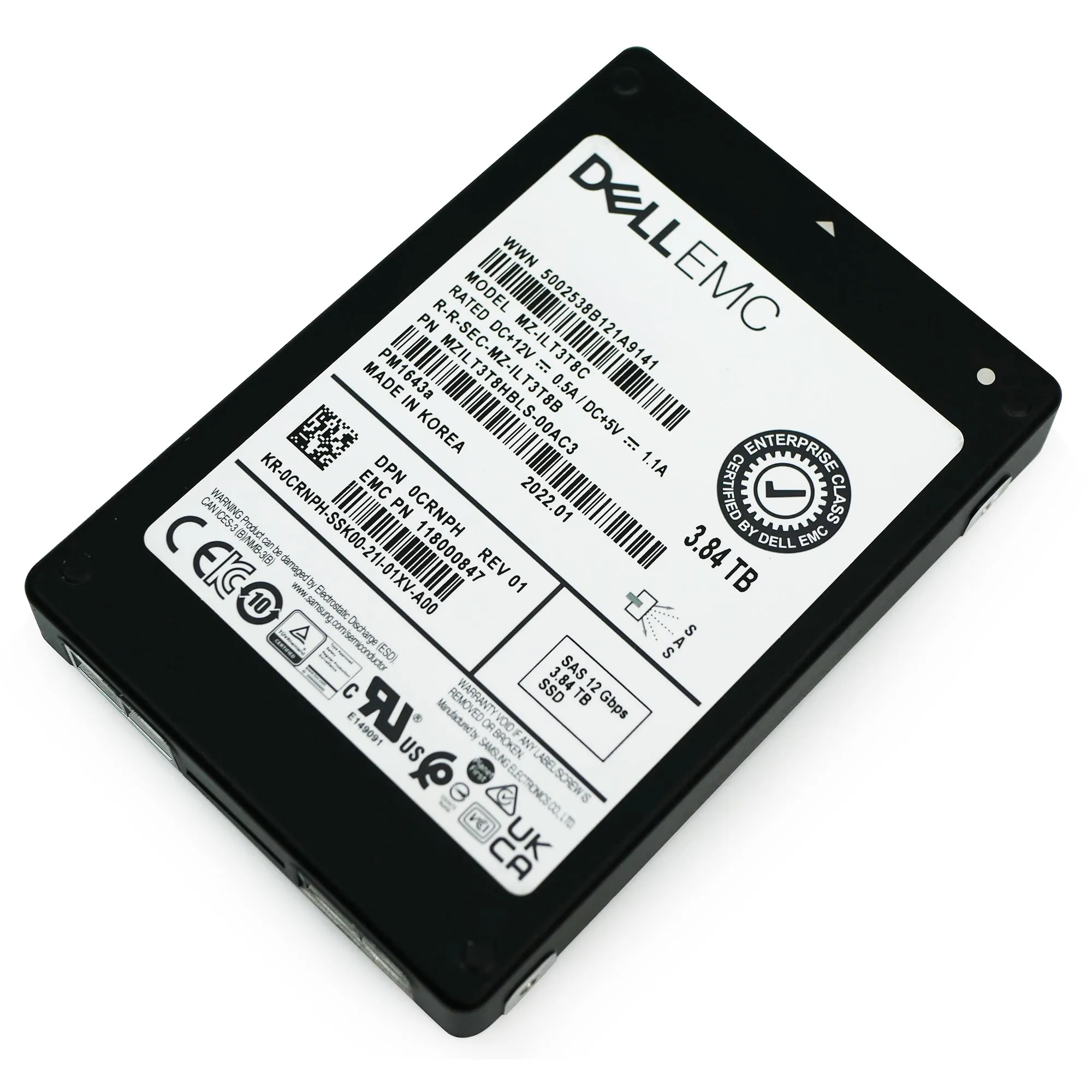 Dell/Samsung PM1643a MZILT3T8HBLS 0CRNPH 3.84TB 1 DWPD SAS 12Gb/s MLC 2.5in Refurbished SSD