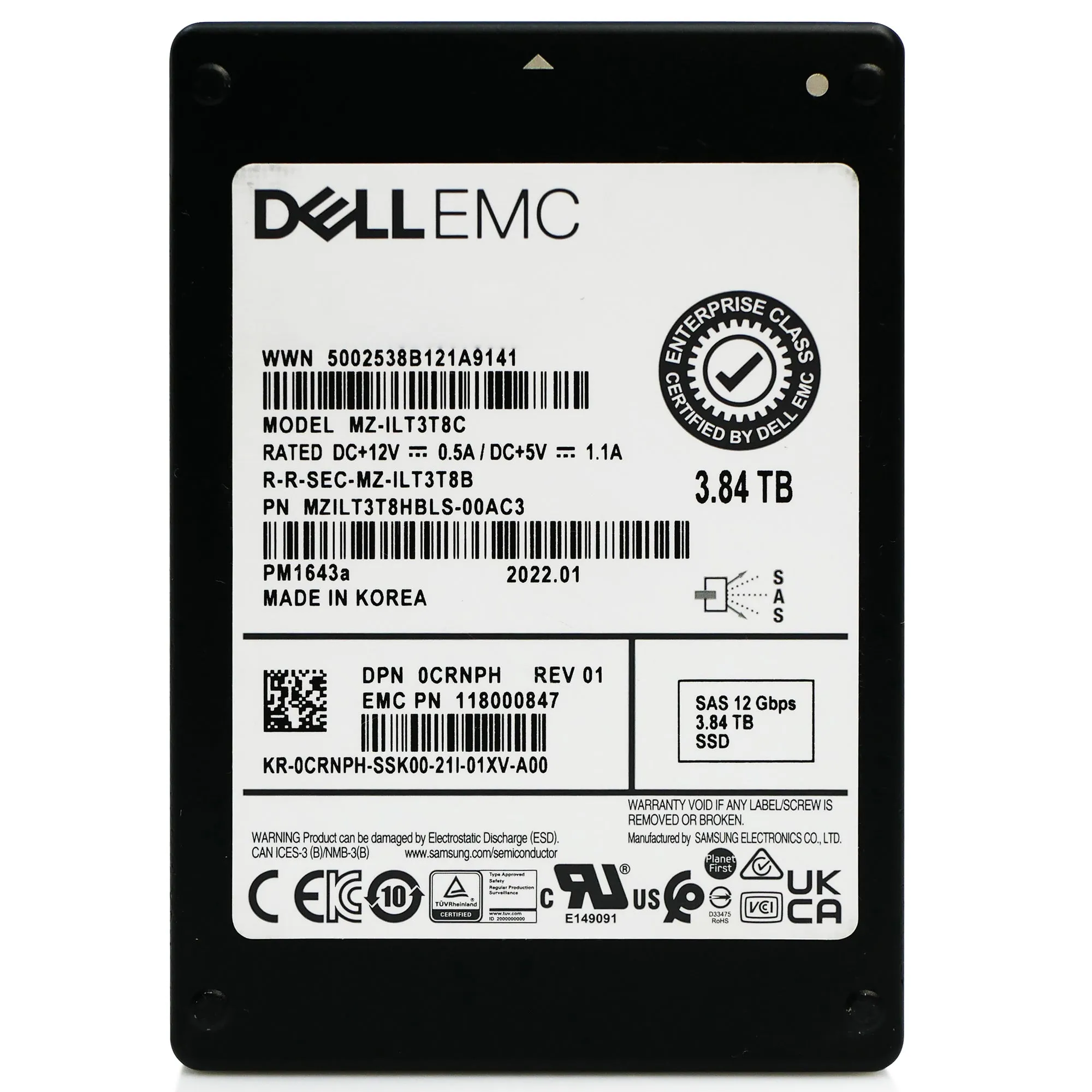 Dell/Samsung PM1643a MZILT3T8HBLS 0CRNPH 3.84TB 1 DWPD SAS 12Gb/s MLC 2.5in Refurbished SSD
