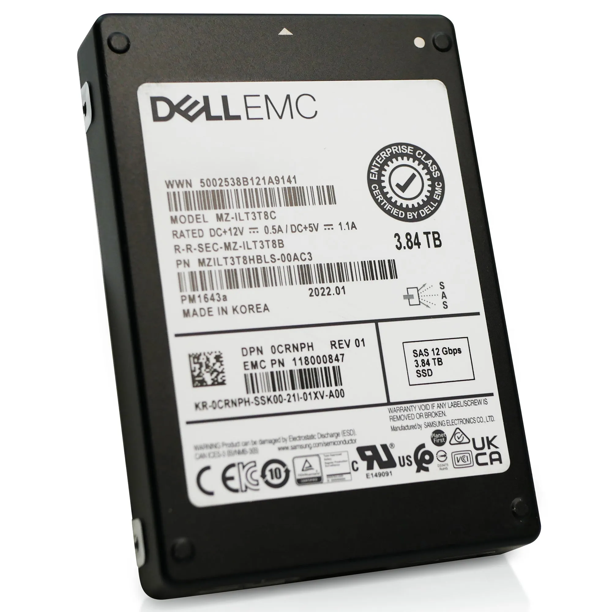 Dell/Samsung PM1643a MZILT3T8HBLS 0CRNPH 3.84TB 1 DWPD SAS 12Gb/s MLC 2.5in Refurbished SSD