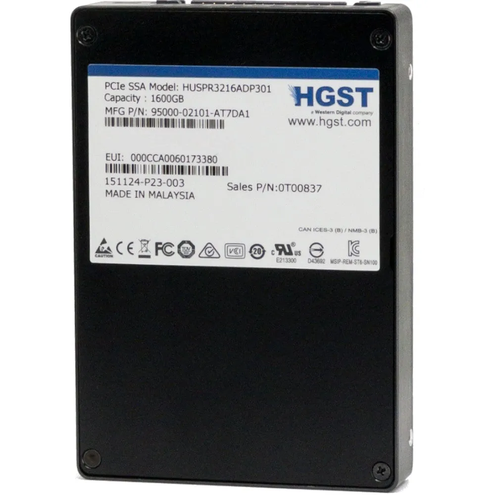 HGST SN100 HUSPR3216ADP301 0T00837 1.6TB PCIe Gen 3.0 x4 U.2 NVMe 2.5in Refurbished SSD