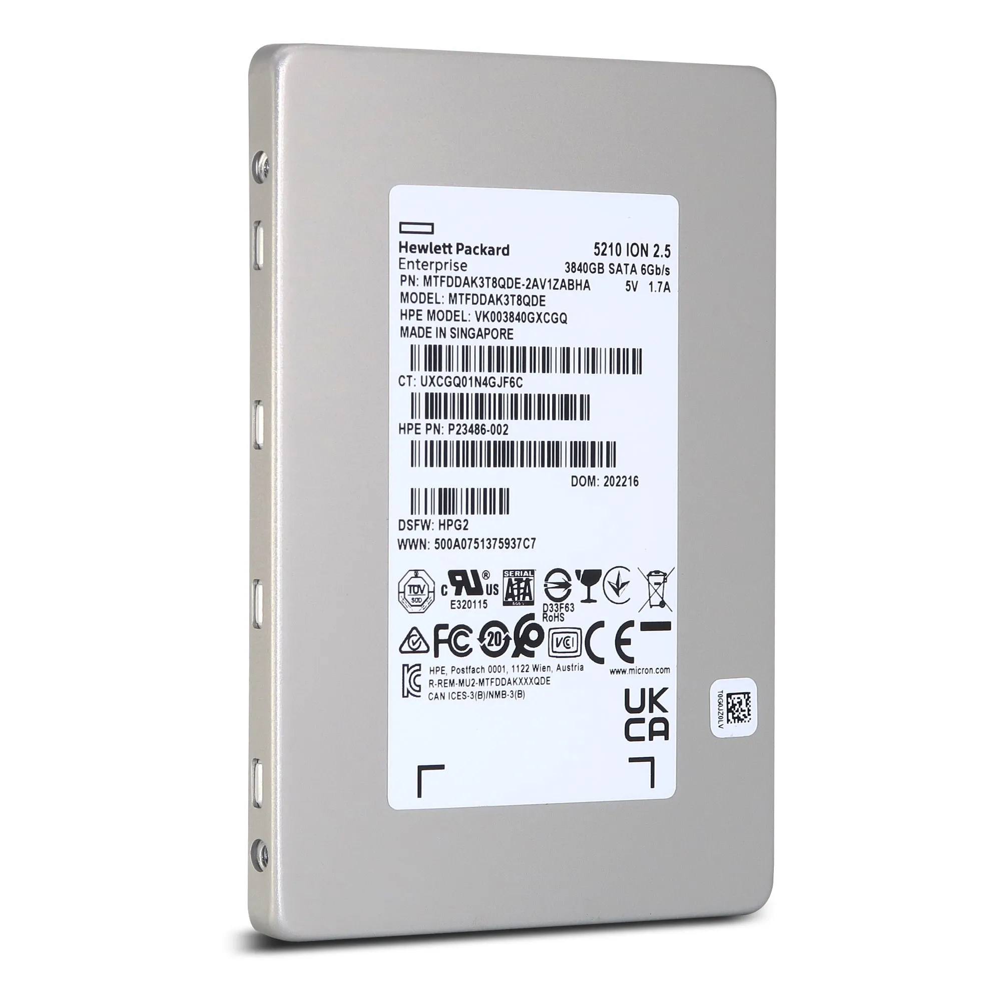 HP / Micron 5210 ION MTFDDAK3T8QDE P23486-002 3.84TB SATA 6Gb/s QLC 2.5in Solid State Drive