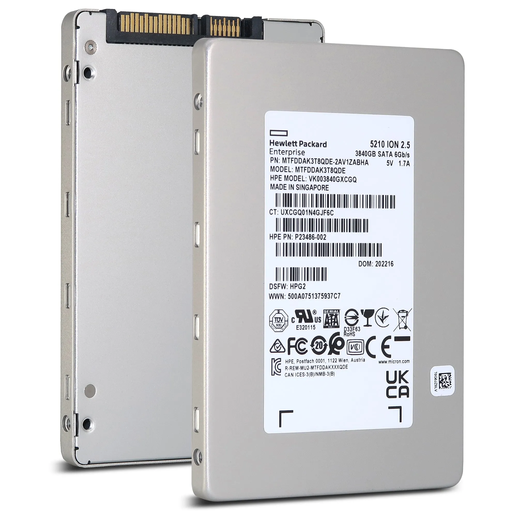 HP / Micron 5210 ION MTFDDAK3T8QDE P23486-002 3.84TB SATA 6Gb/s QLC 2.5in Solid State Drive