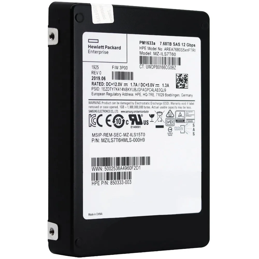 HP PM1633a MZILS7T6HMLS-000H9 850333-003 7.68TB SAS 12Gb/s 2.5in Refurbished SSD