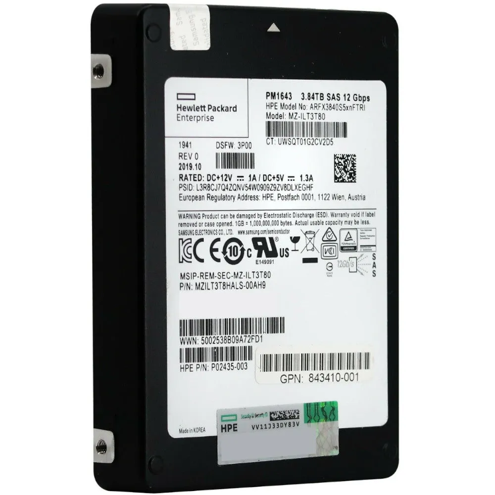 HP PM1643 MZILT3T8HALS-00AH9 P02435-003 3.84TB SAS 12Gb/s 2.5in Refurbished SSD