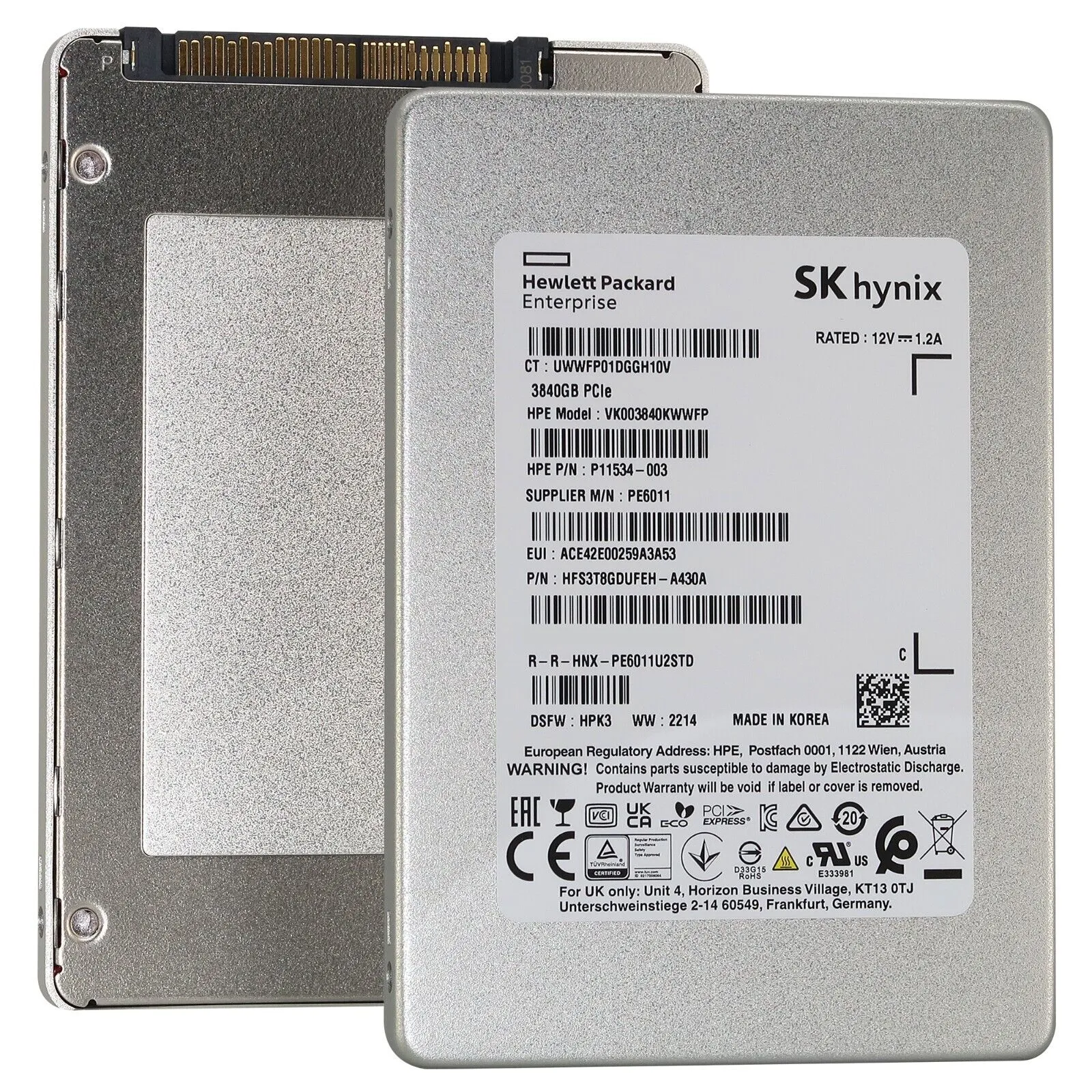 HP / SK Hynix PE6011 P11534-003 3.84TB PCIe Gen 3.0 x4 4GB/s 3D TLC U.2 NVMe 2.5in Solid State Drive