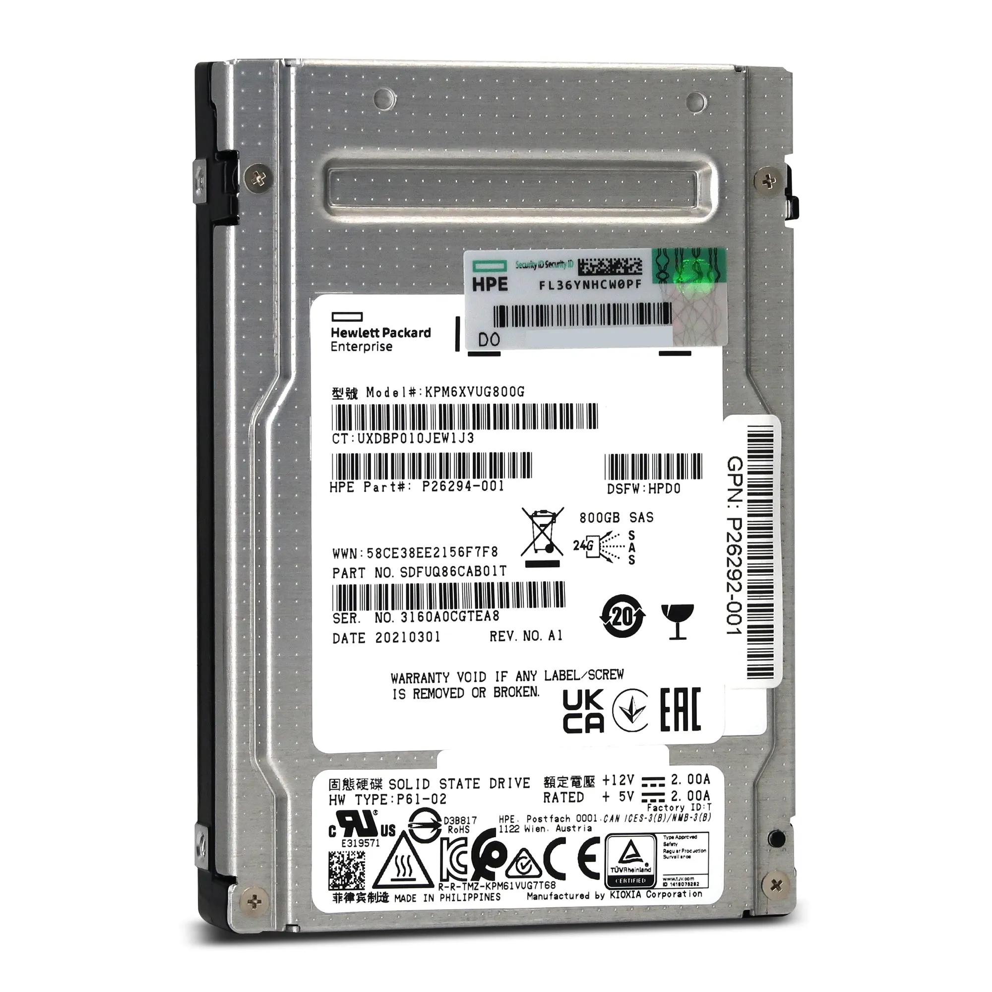 HPE PM6-V KPM6XVUG800G P26294-001 800GB SAS 22.5Gb/s 2.5in Solid State Drive