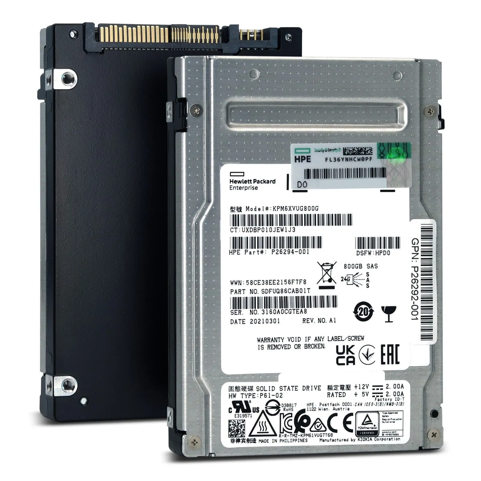 HPE PM6-V KPM6XVUG800G P26294-001 800GB SAS 22.5Gb/s 2.5in Solid State Drive