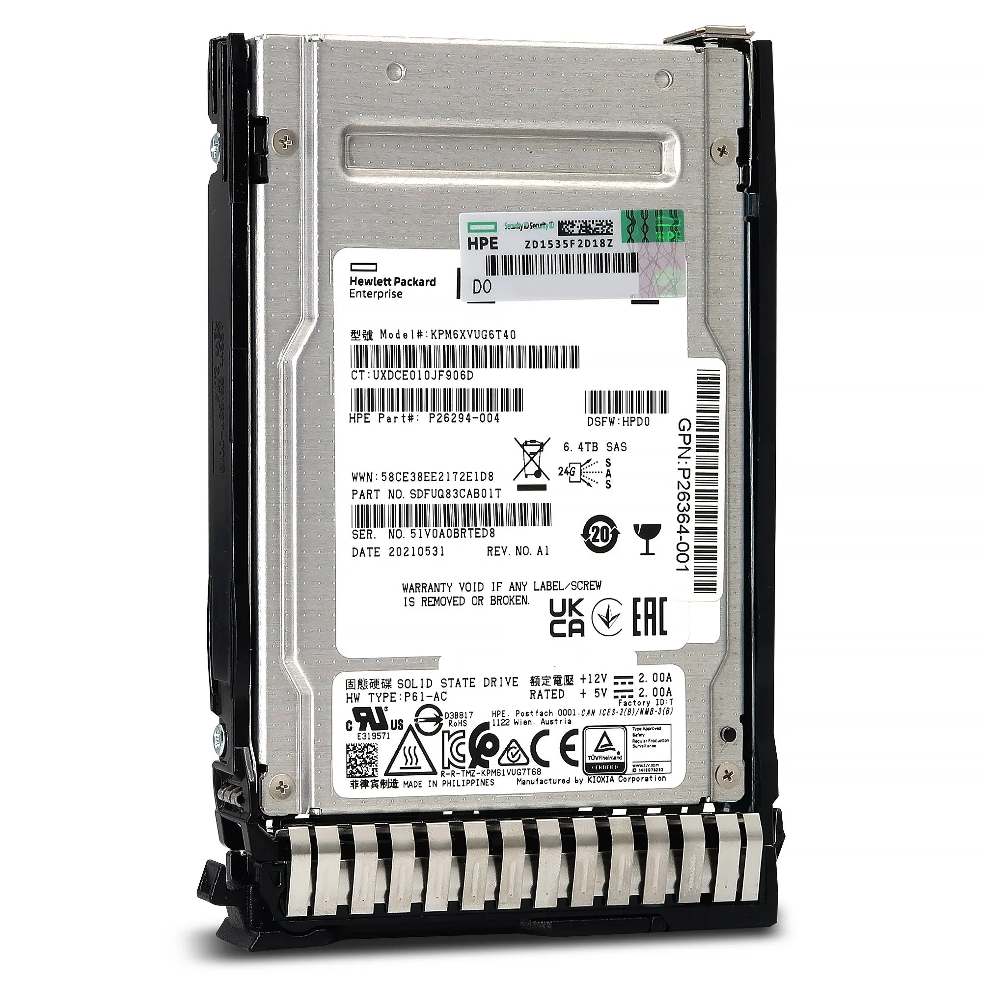 HPE PM6-V P40479-B21 KPM6XVUG6T40 6.4TB SAS 22.5Gb/s 3D TLC SIE 2.5in Solid State Drive