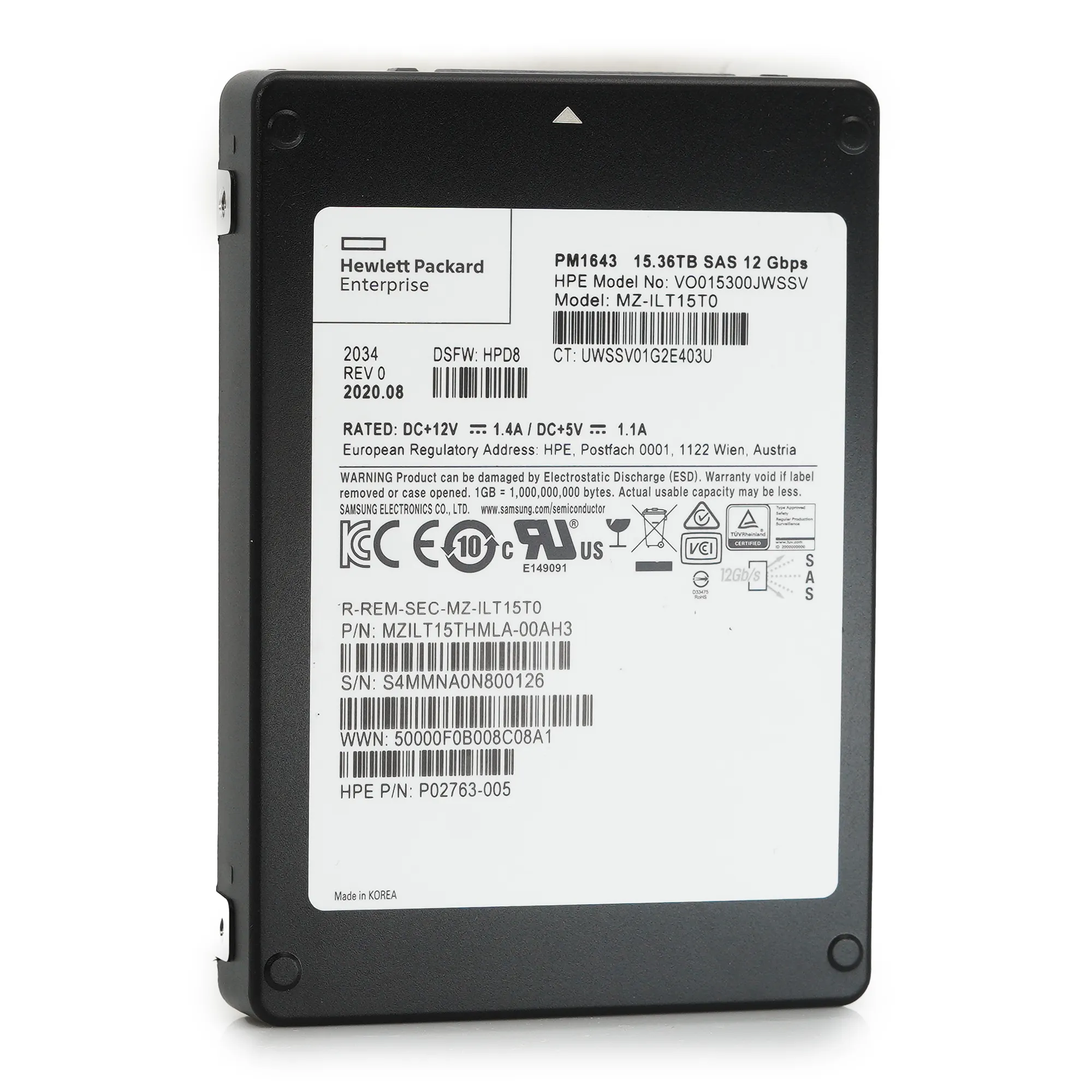 HPE / Samsung PM1643 MZILT15THMAL 15.36TB SAS 12Gb/s 3D TLC 2.5in Recertified Solid State Drive