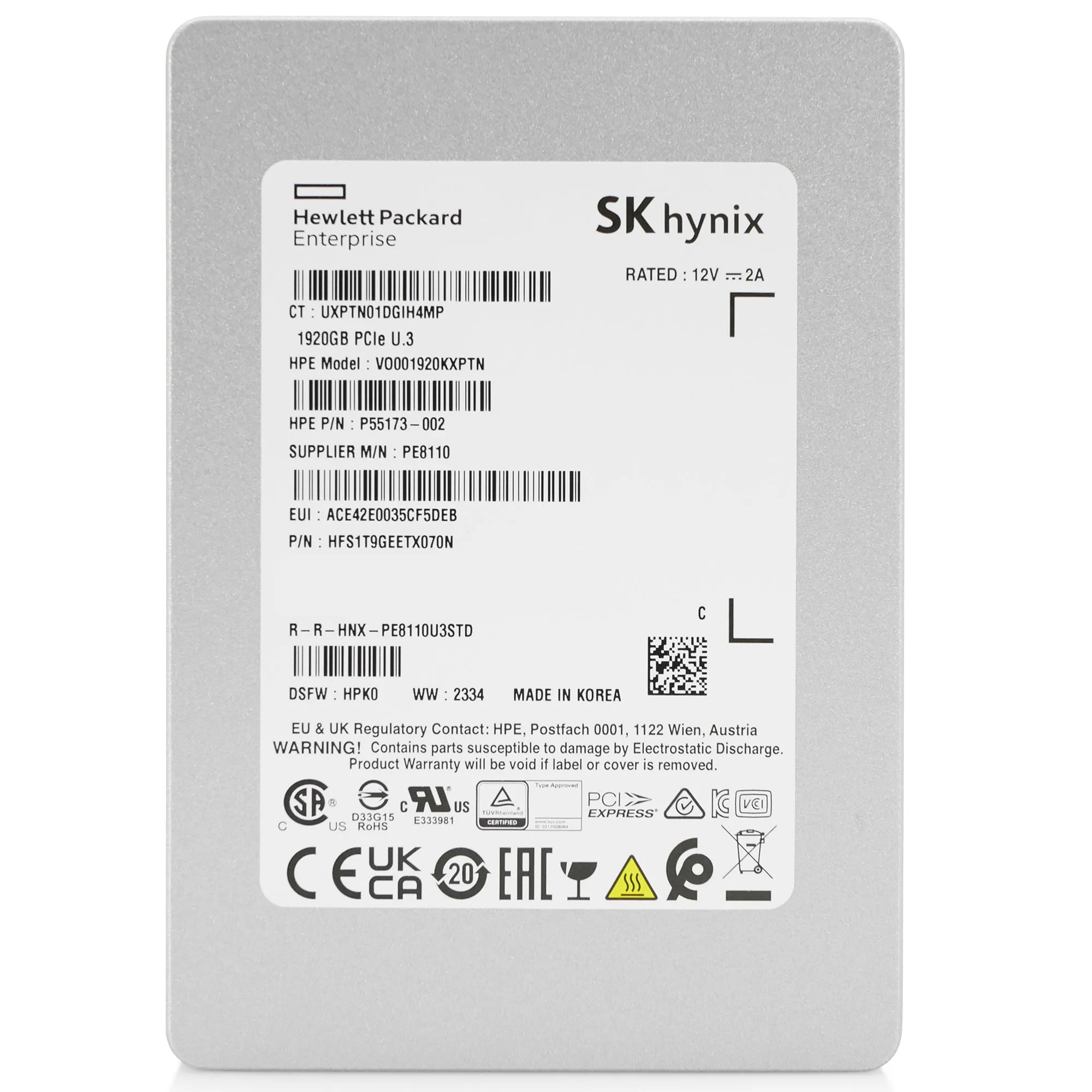 HP/SK hynix PE8110 HFS1T9GEETX070N P55173-002 1.92TB 1 DWPD PCIe Gen 4.0 x4 8GB/s 4D V6 TLC U.3 NVMe 2.5in Solid State Drive