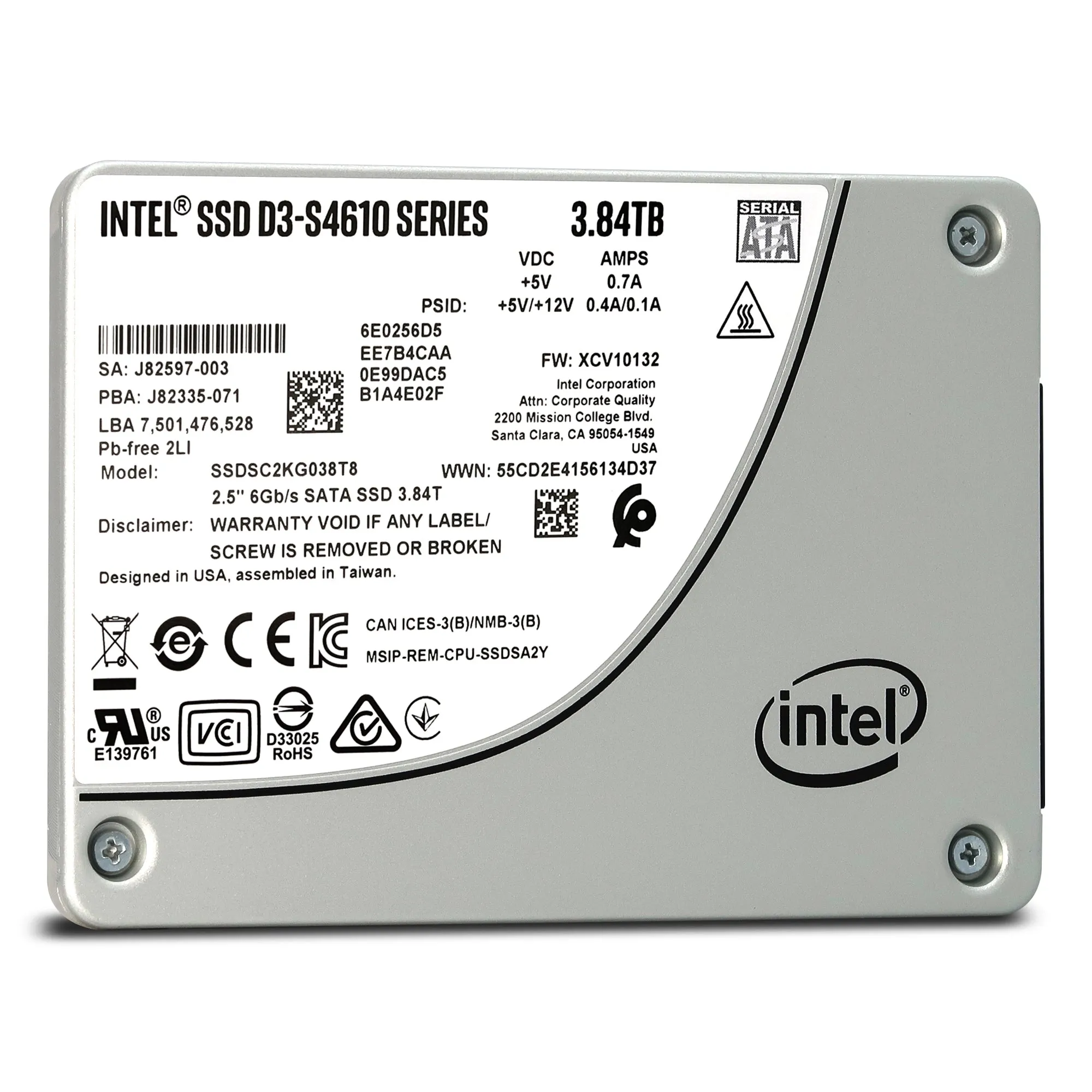 Intel D3-S4610 SSDSC2KG038T801 3.84TB SATA 6Gb/s 2.5" AES 256-bit Solid State Drive