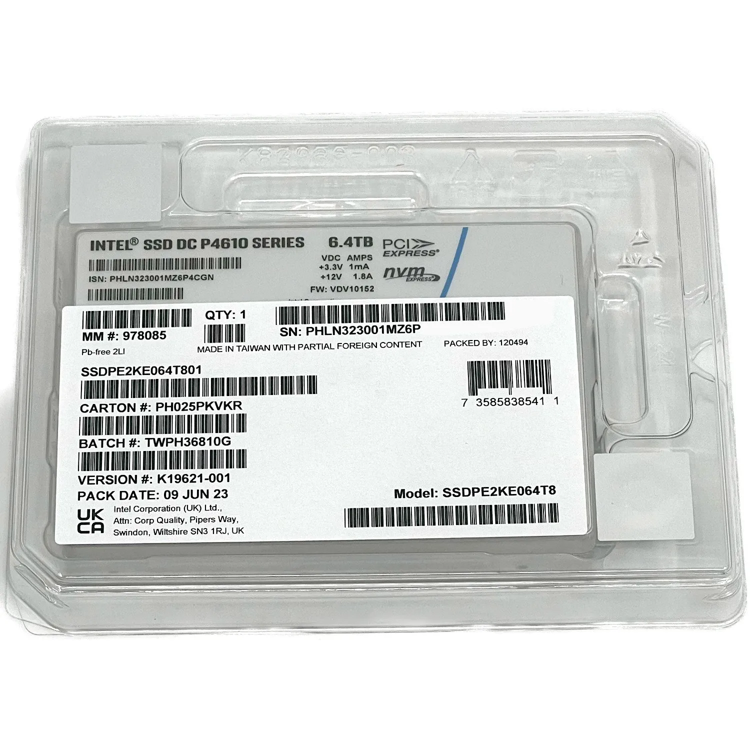 Intel DC P4610 SSDPE2KE064T8 SSDPE2KE064T801 6.4TB PCIe Gen 3.1 x4 4GB/s U.2 2.5in Solid State Drive