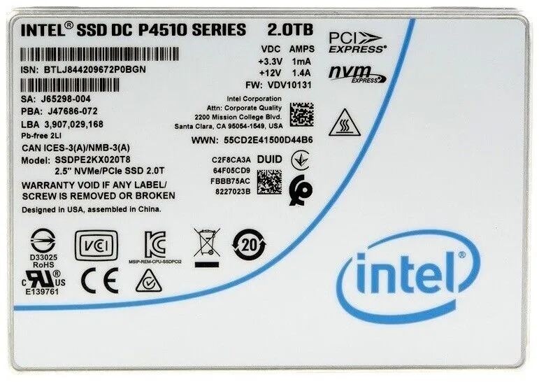 Intel P4510 SSDPE2KX020T801 2TB PCIe Gen 3.1 x4 4GB/s U.2 NVMe 2.5in Recertified Solid State Drive
