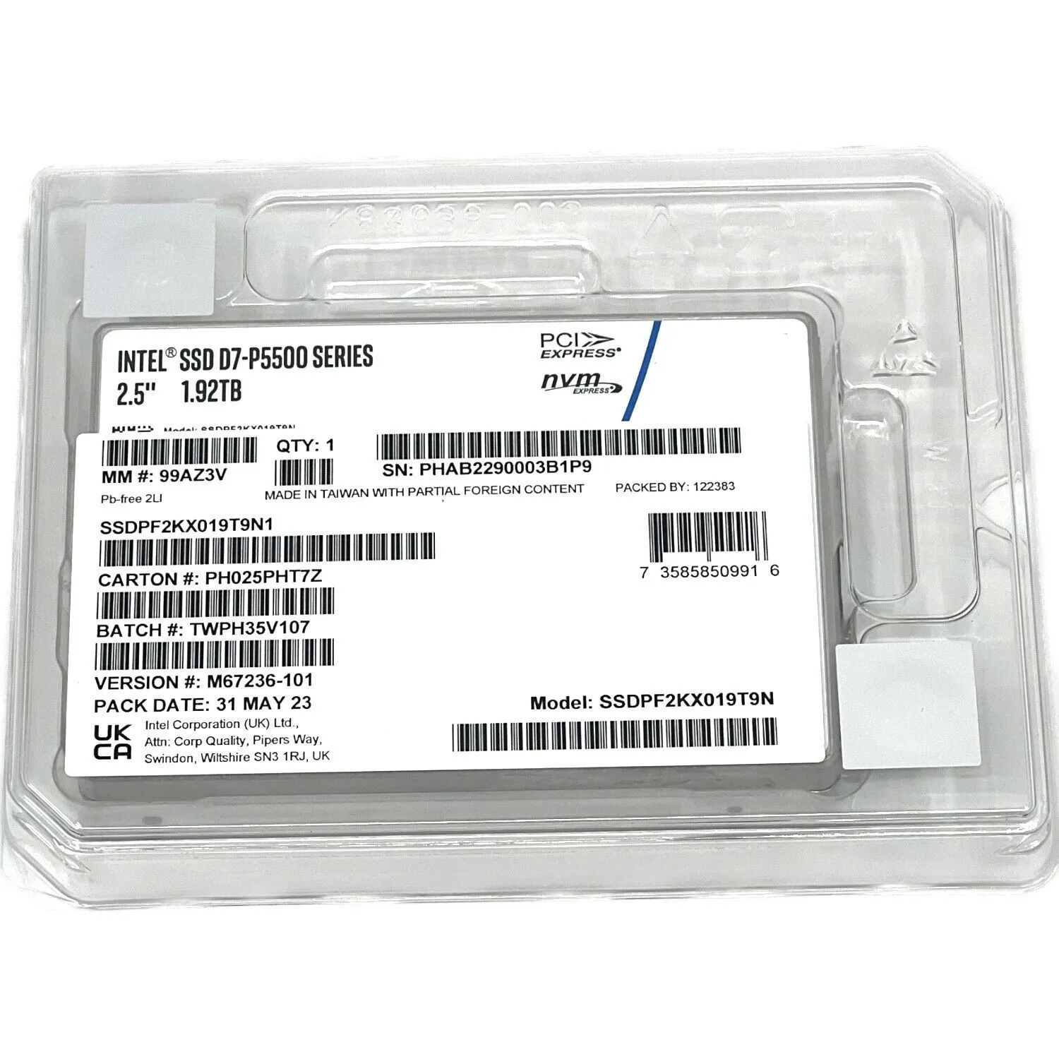 Intel P5500 SSDPF2KX019T9N1 M67236-101 1.92TB PCIe Gen 4.0 x4 8GB/s 3D TLC 1DWPD U.2 NVMe 2.5in Recertified Solid State Drive