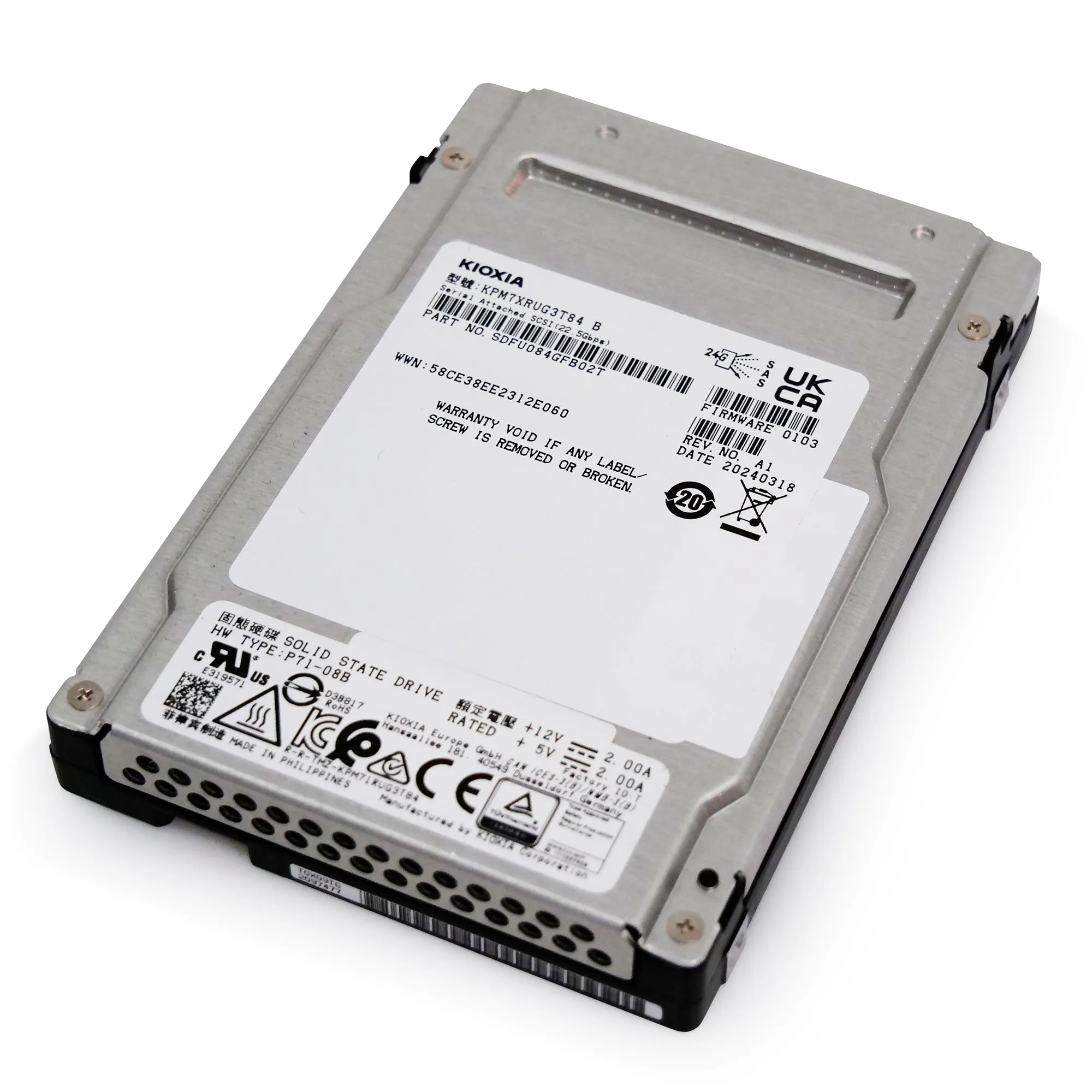 Kioxia PM7-R KPM7XRUG3T84 3.84TB 1DWPD SAS 24Gb/s 3D TLC 2.5in Refurbished SSD