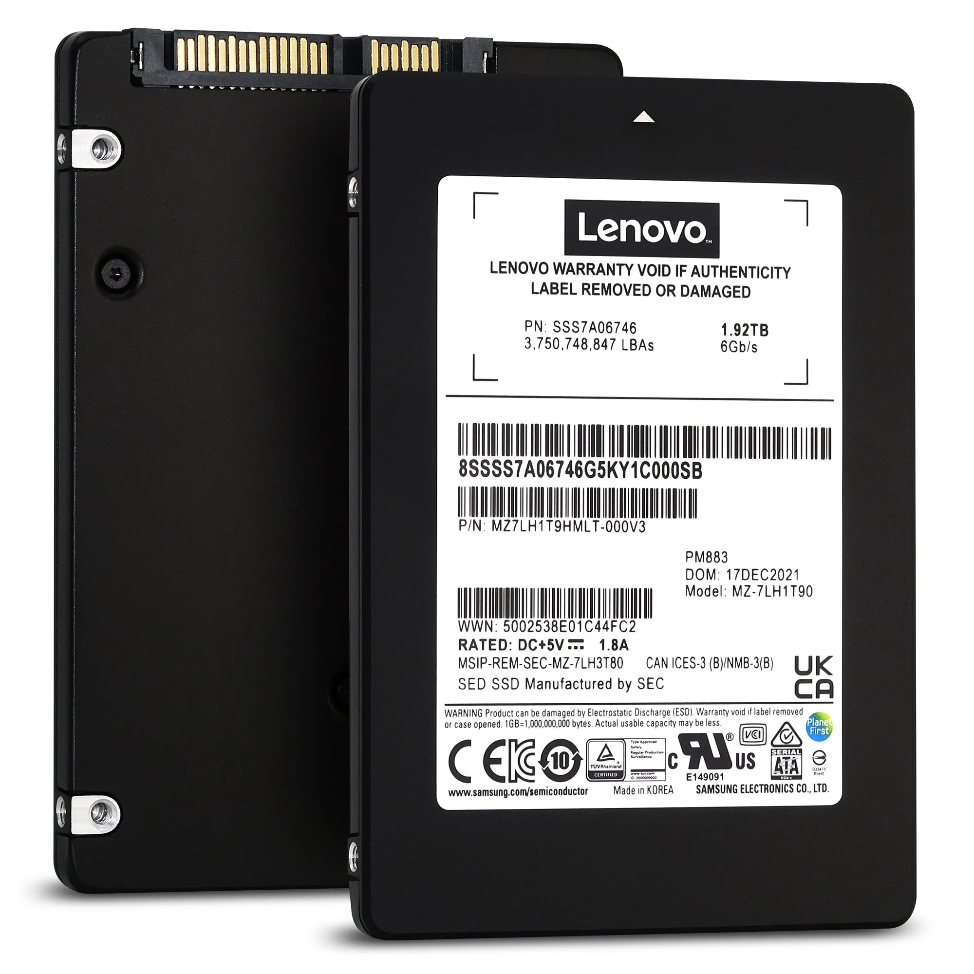 Lenovo / Samsung PM883 MZ7LH1T9HMLT SSS7A06746 1.92TB SATA 6Gb/s 3D TLC 1.3DWPD 2.5in Refurbished SSD