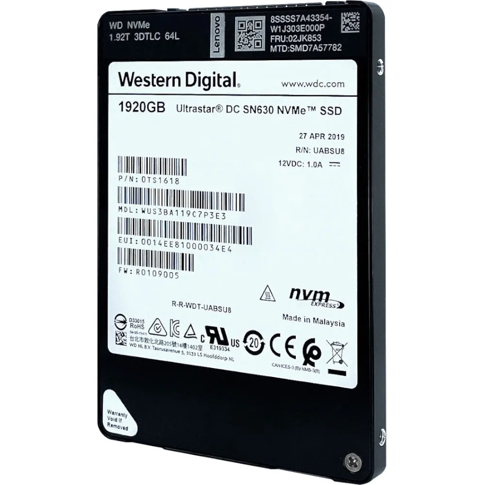 Lenovo Ultrastar DC SN630 WUS3BA119C7P3E3 0TS1618 1.92TB PCIe Gen 3.1 x4 4GB/s U.2 NVMe 2.5in Solid State Drive