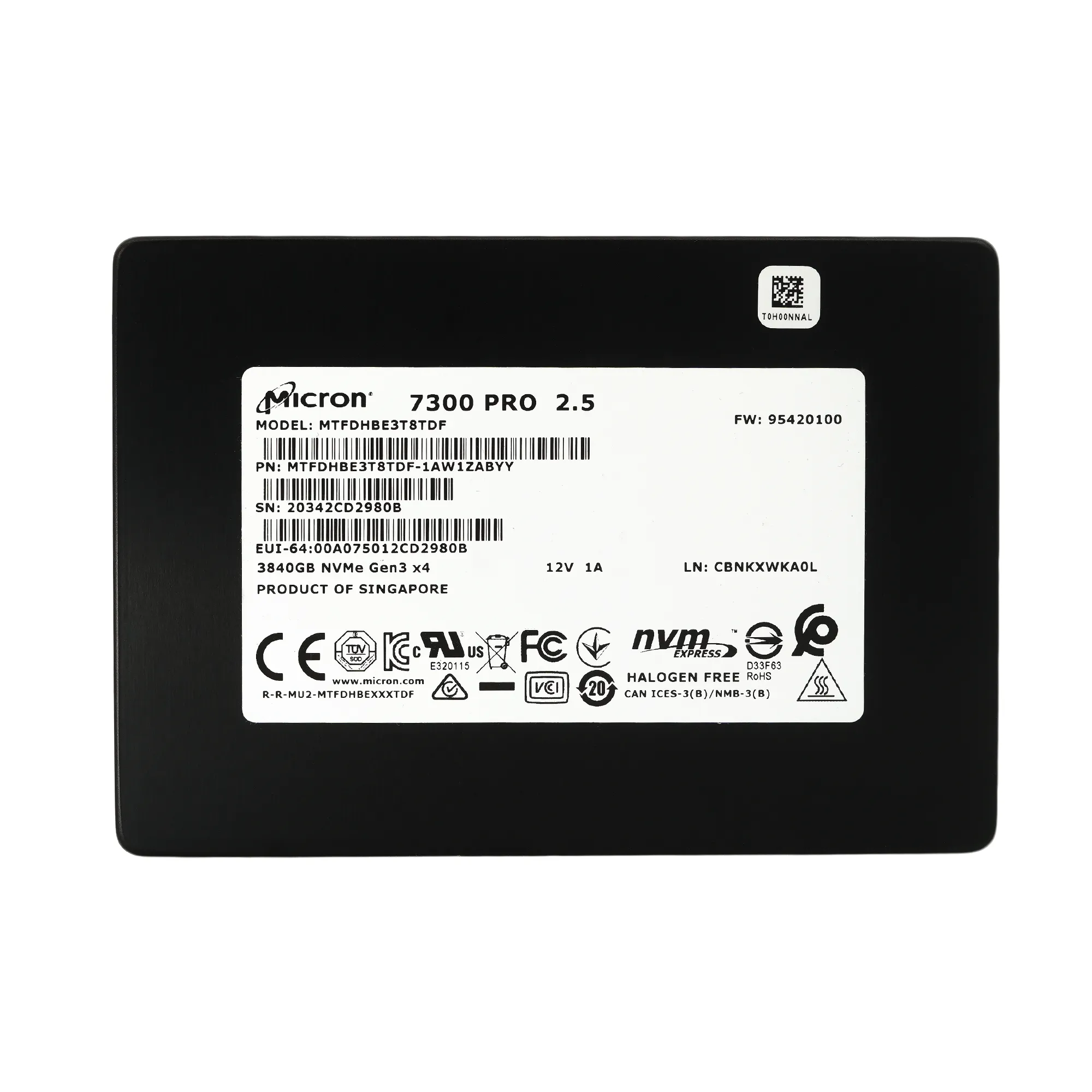 Micron 7300 Pro MTFDHBE3T8TDF-1AW1ZABYY 3.84TB PCIe Gen 3.0 x4 4GB/s 3D TLC U.2 2.5in Solid State Drive