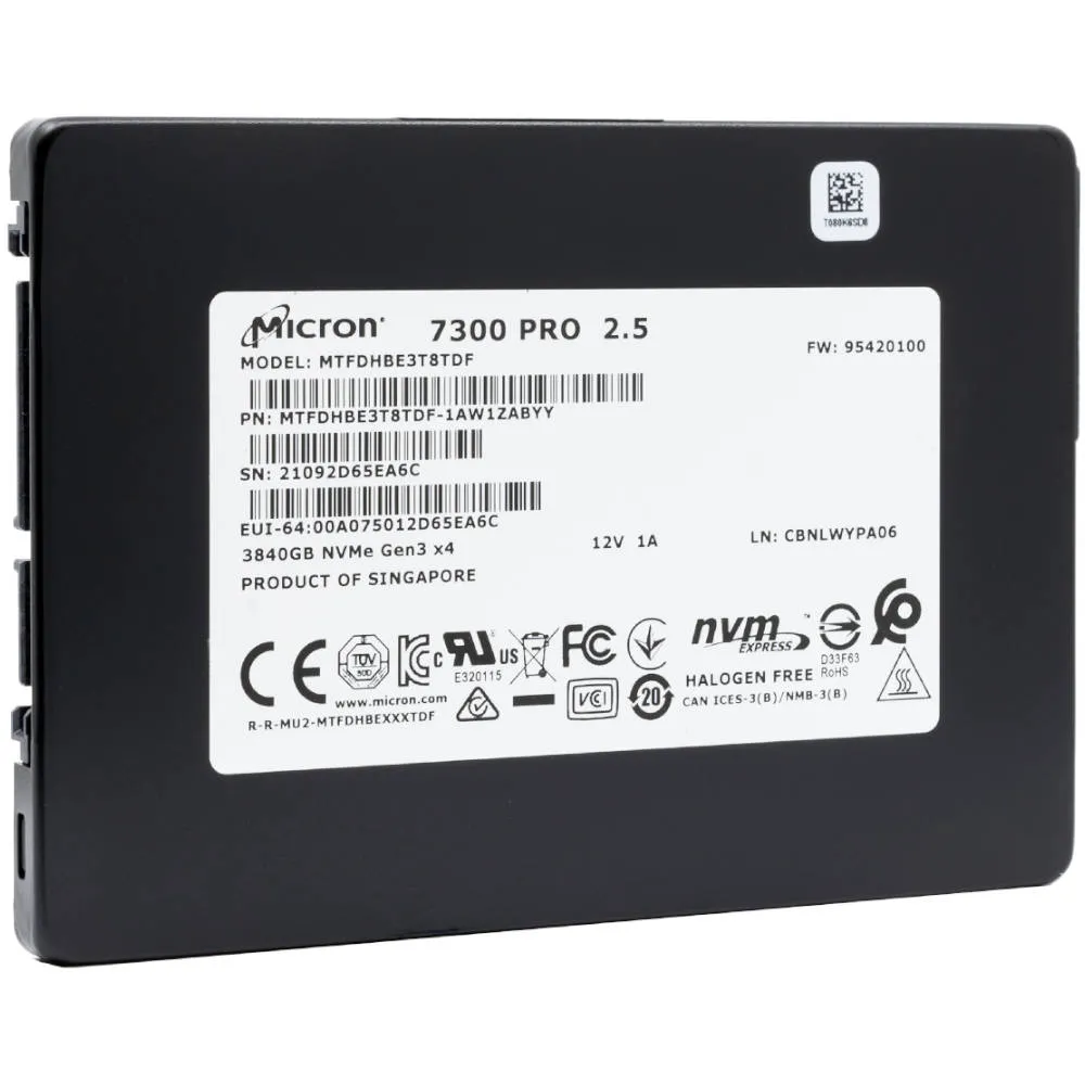 Micron 7300 Pro MTFDHBE3T8TDF-1AW1ZABYY 3.84TB PCIe Gen 3.0 x4 4GB/s 3D TLC U.2 2.5in Solid State Drive