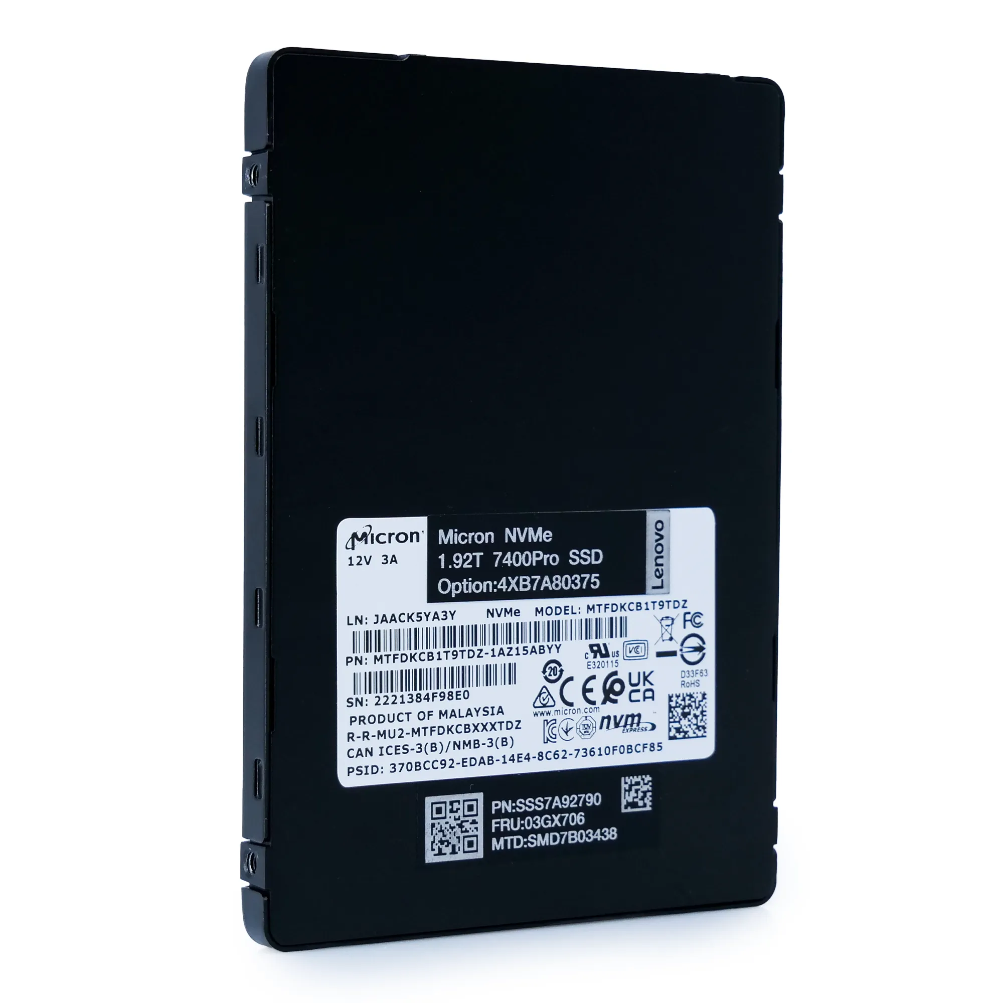 Micron/Lenovo 7400 Pro MTFDKCB1T9TDZ 1.92TB U.3 8GB/s Mixed Use 3D TLC NVMe 2.5in Enterprise Solid State Drive