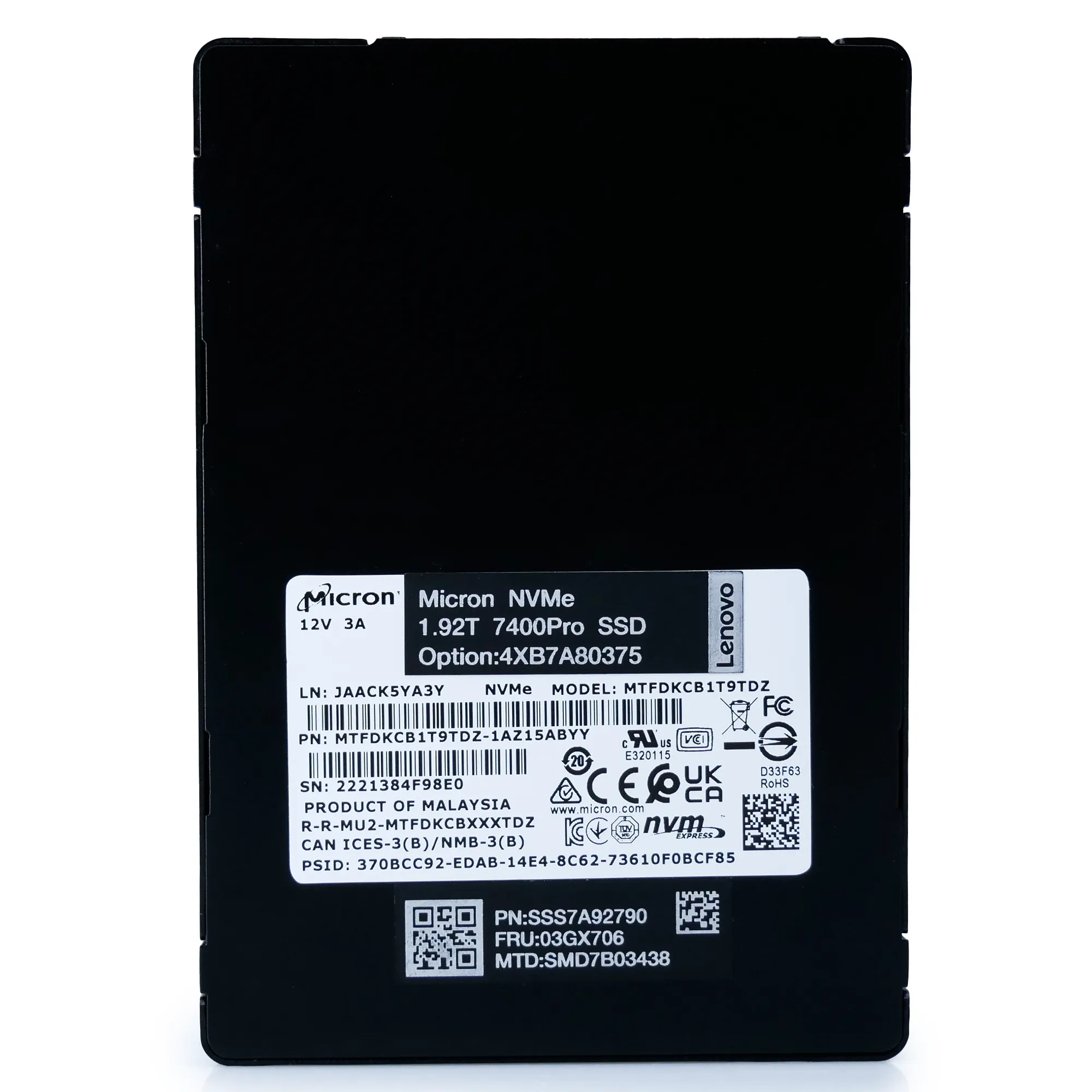 Micron/Lenovo 7400 Pro MTFDKCB1T9TDZ 1.92TB U.3 8GB/s Mixed Use 3D TLC NVMe 2.5in Enterprise Solid State Drive