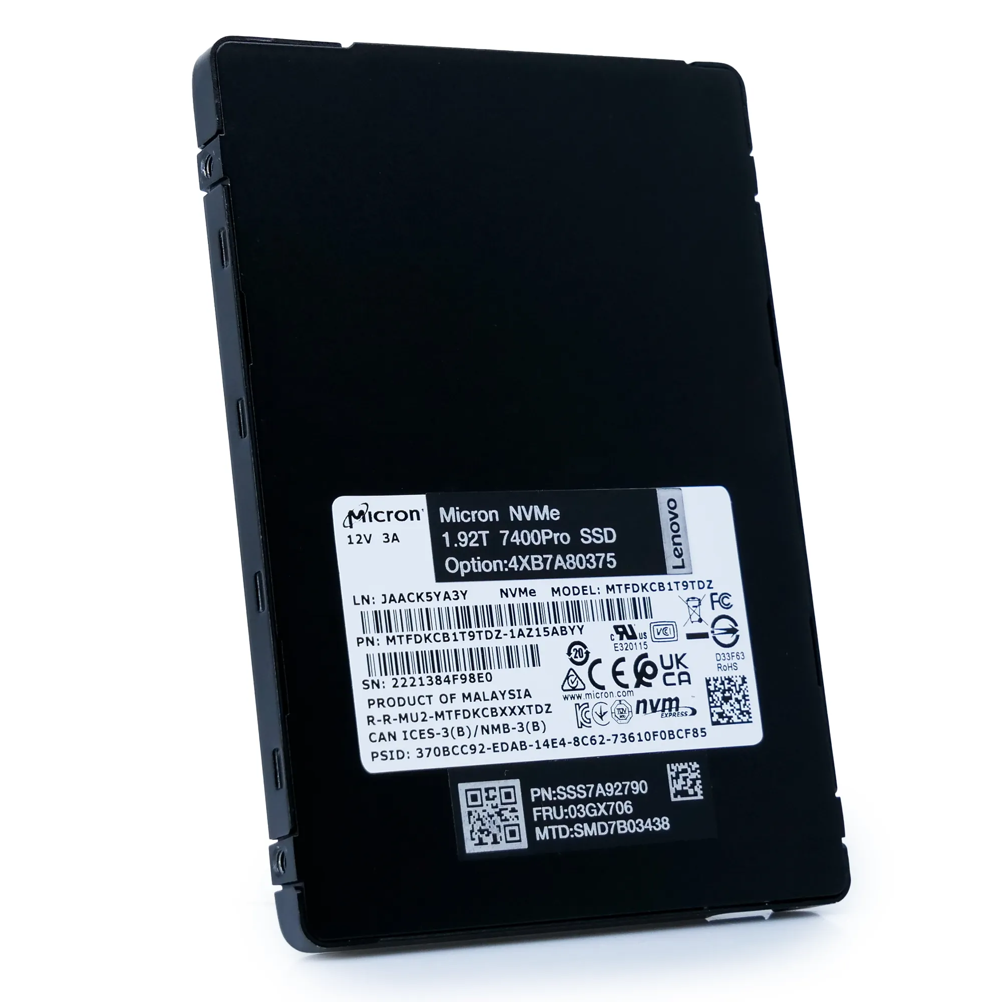 Micron/Lenovo 7400 Pro MTFDKCB1T9TDZ 1.92TB U.3 8GB/s Mixed Use 3D TLC NVMe 2.5in Enterprise Solid State Drive