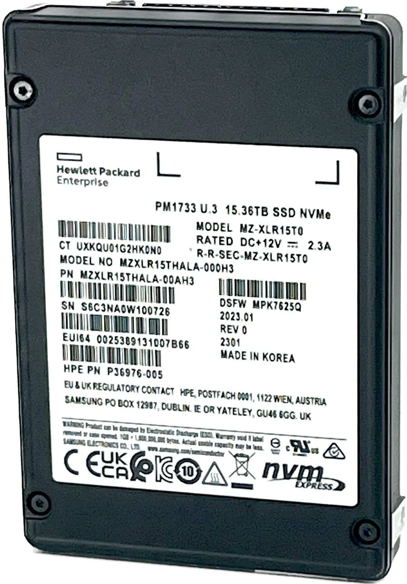 Samsung / HPE PM1733 MZXLR15THALA P36976-005 15.36TB PCIe Gen 4.0 x4 8GB/s U.3 NVMe 2.5in Recertified Solid State Drive