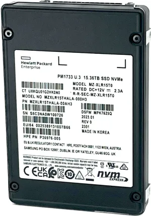 Samsung / HPE PM1733 MZXLR15THALA P36976-005 15.36TB PCIe Gen 4.0 x4 8GB/s U.3 NVMe 2.5in Recertified Solid State Drive