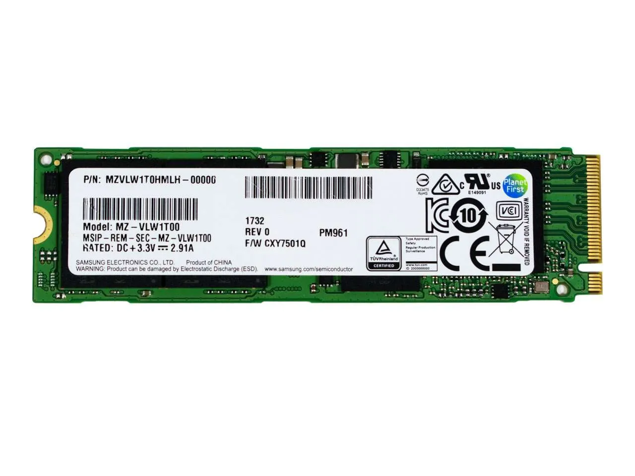 Samsung PM961 MZVLW1T0HMLH 1TB PCIe Gen 3.0 x4 4GB/s M.2 Solid State Drive